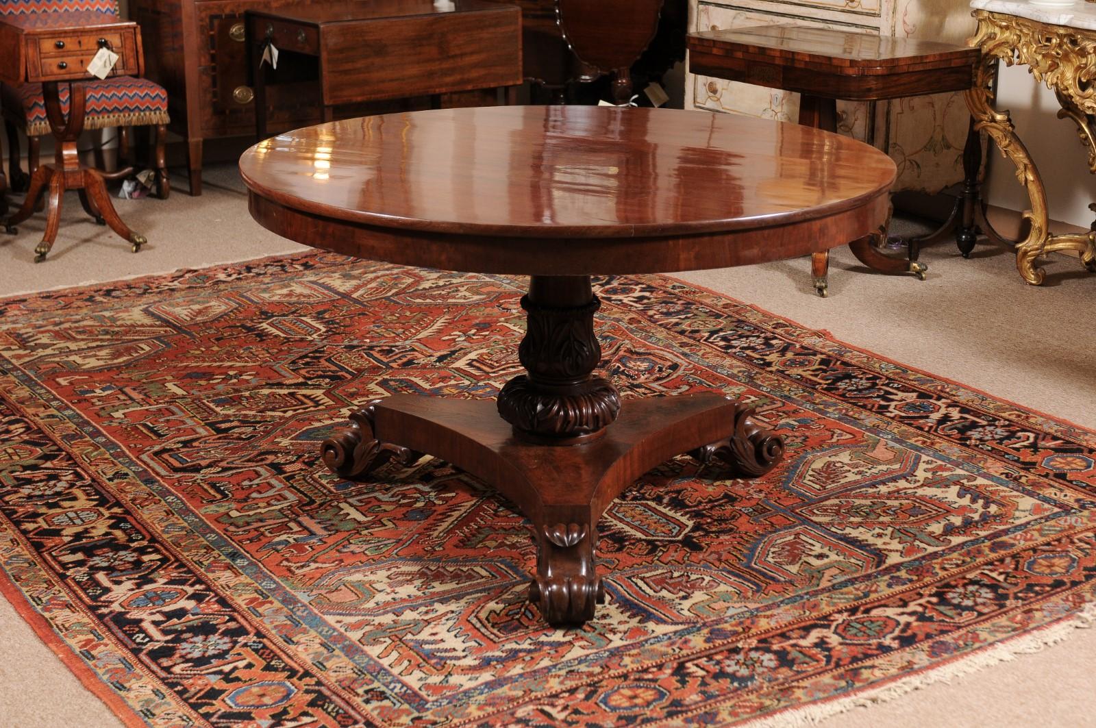  19th Century English Mahogany Center Table with Pedestal Base & Scroll Feet For Sale 10