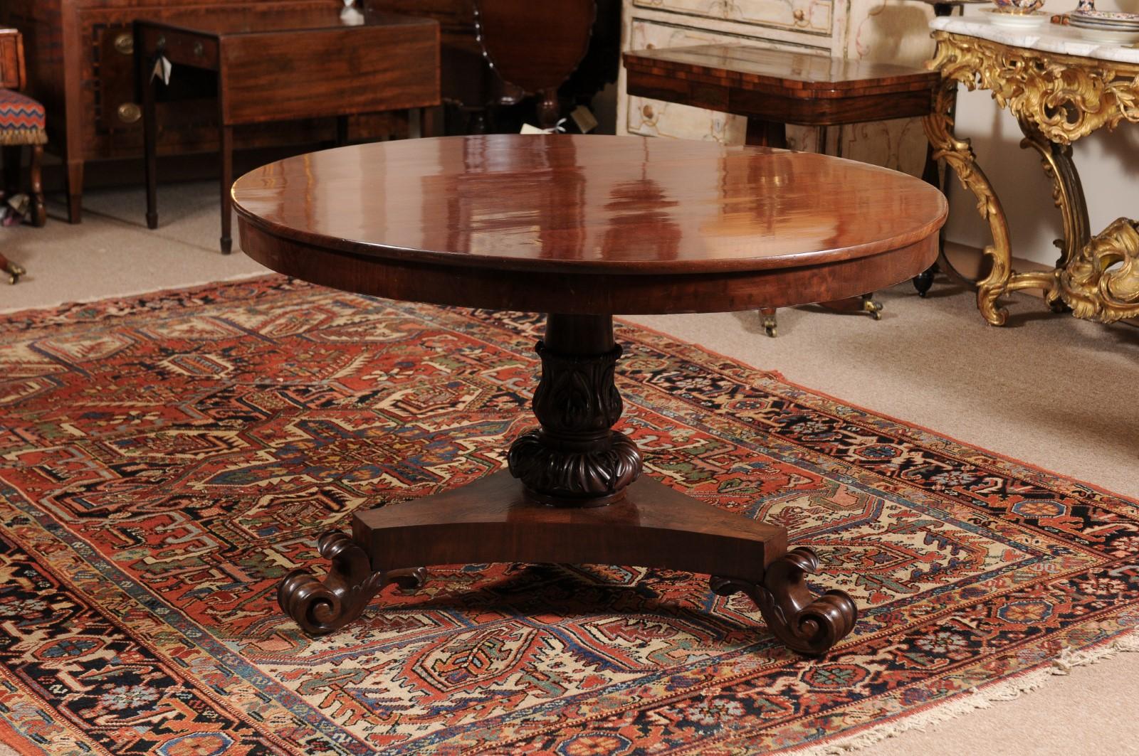  19th Century English Mahogany Center Table with Pedestal Base & Scroll Feet For Sale 11