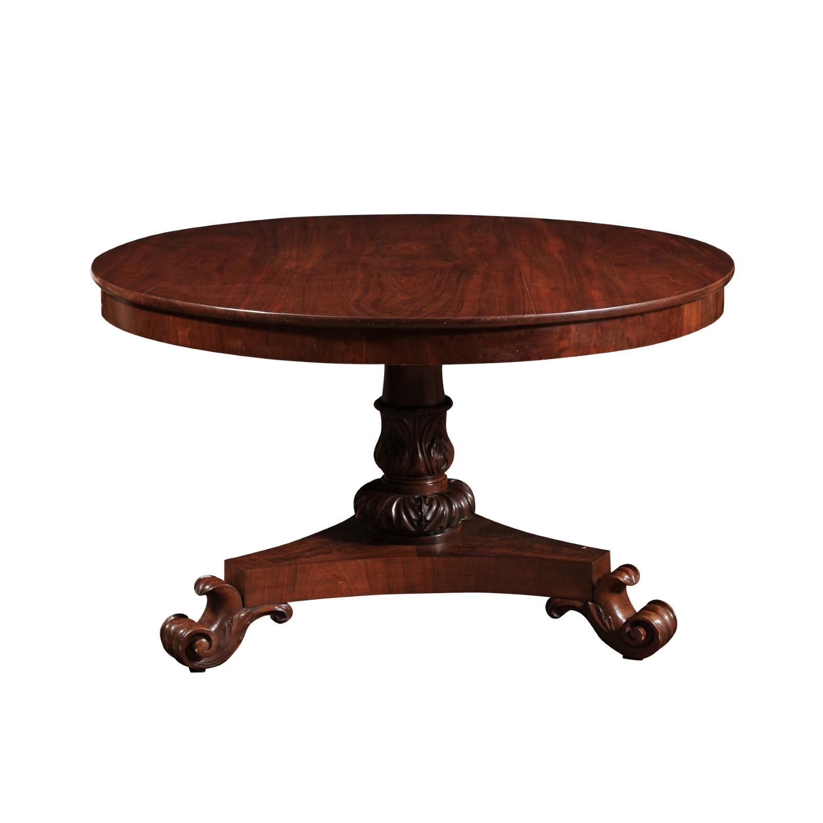 19th Century English Mahogany Center Table with Pedestal Base & Scroll Feet In Good Condition For Sale In Atlanta, GA