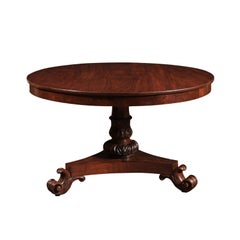 19th Century English Mahogany Center Table with Pedestal Base & Scroll Feet