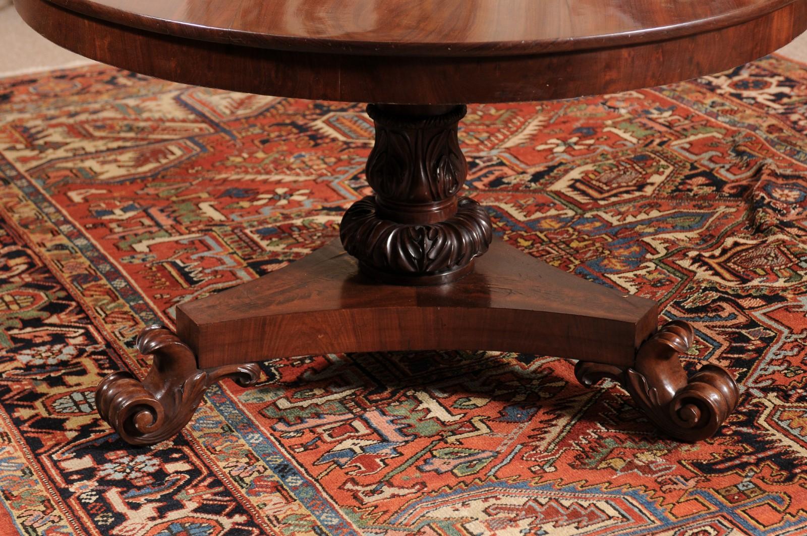  19th Century English Mahogany Center Table with Pedestal Base & Scroll Feet For Sale 2