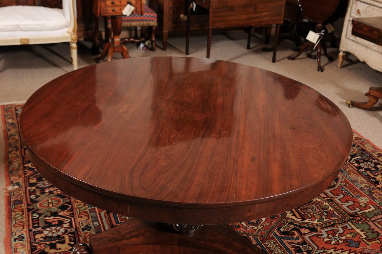  19th Century English Mahogany Center Table with Pedestal Base & Scroll Feet For Sale 3