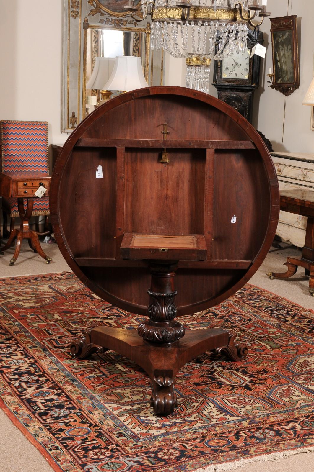 19th Century English Mahogany Center Table with Pedestal Base & Scroll Feet 5