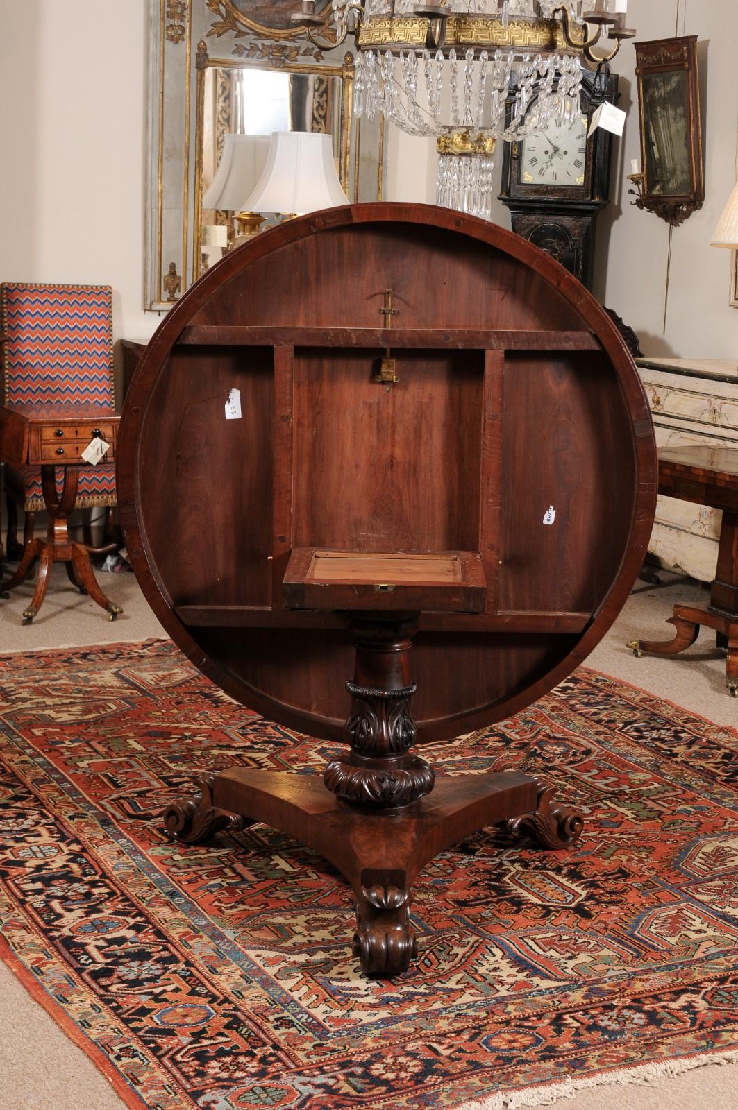  19th Century English Mahogany Center Table with Pedestal Base & Scroll Feet For Sale 5