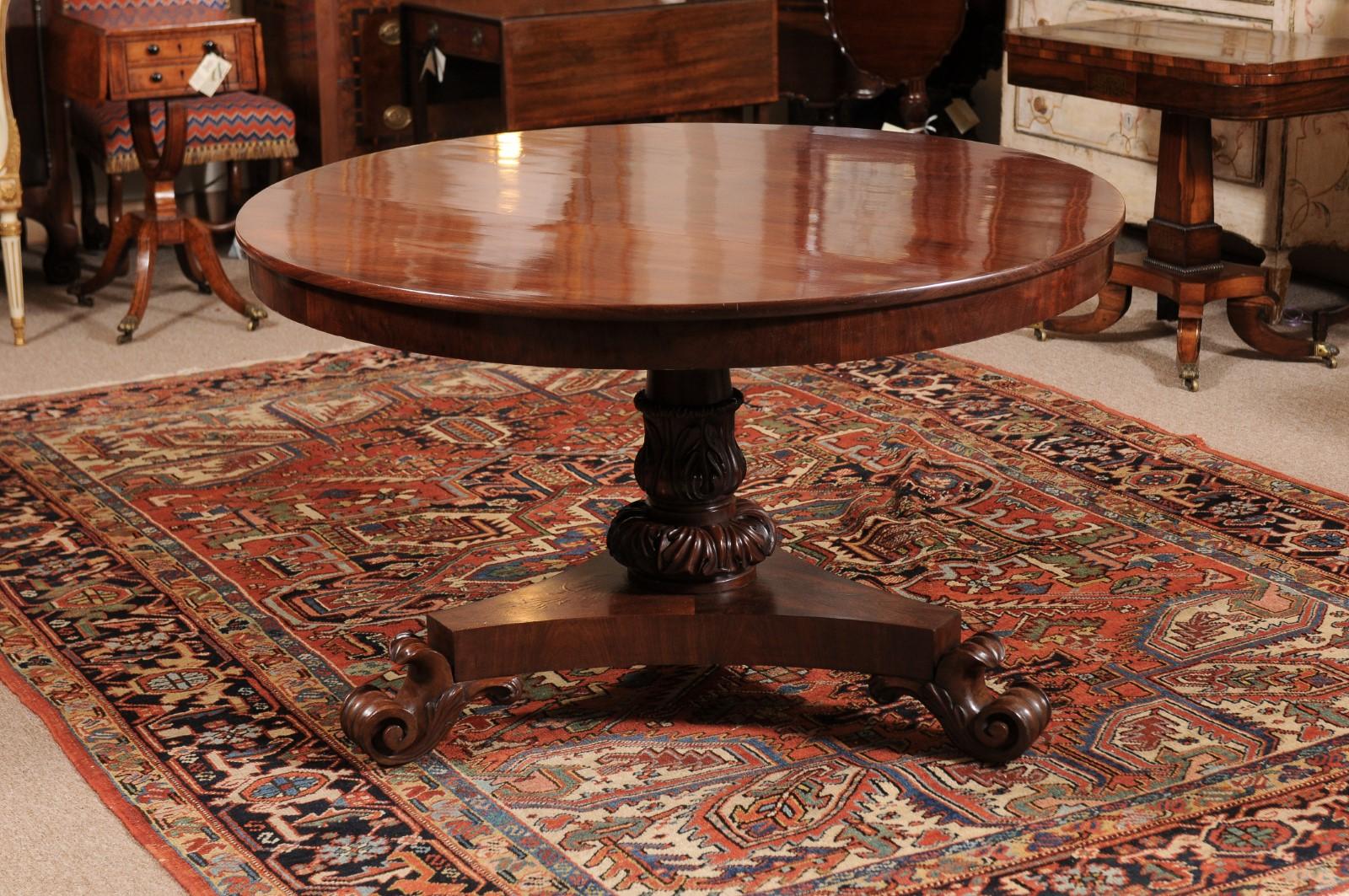  19th Century English Mahogany Center Table with Pedestal Base & Scroll Feet For Sale 7