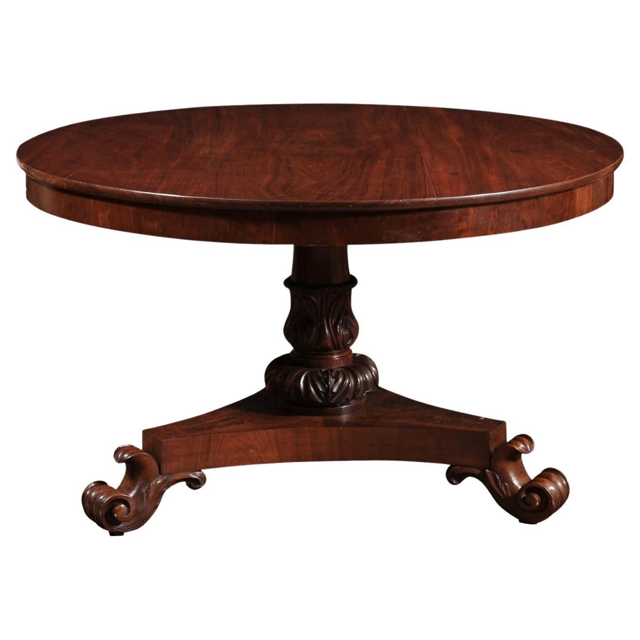 19th Century English Mahogany Center Table with Pedestal Base & Scroll Feet For Sale