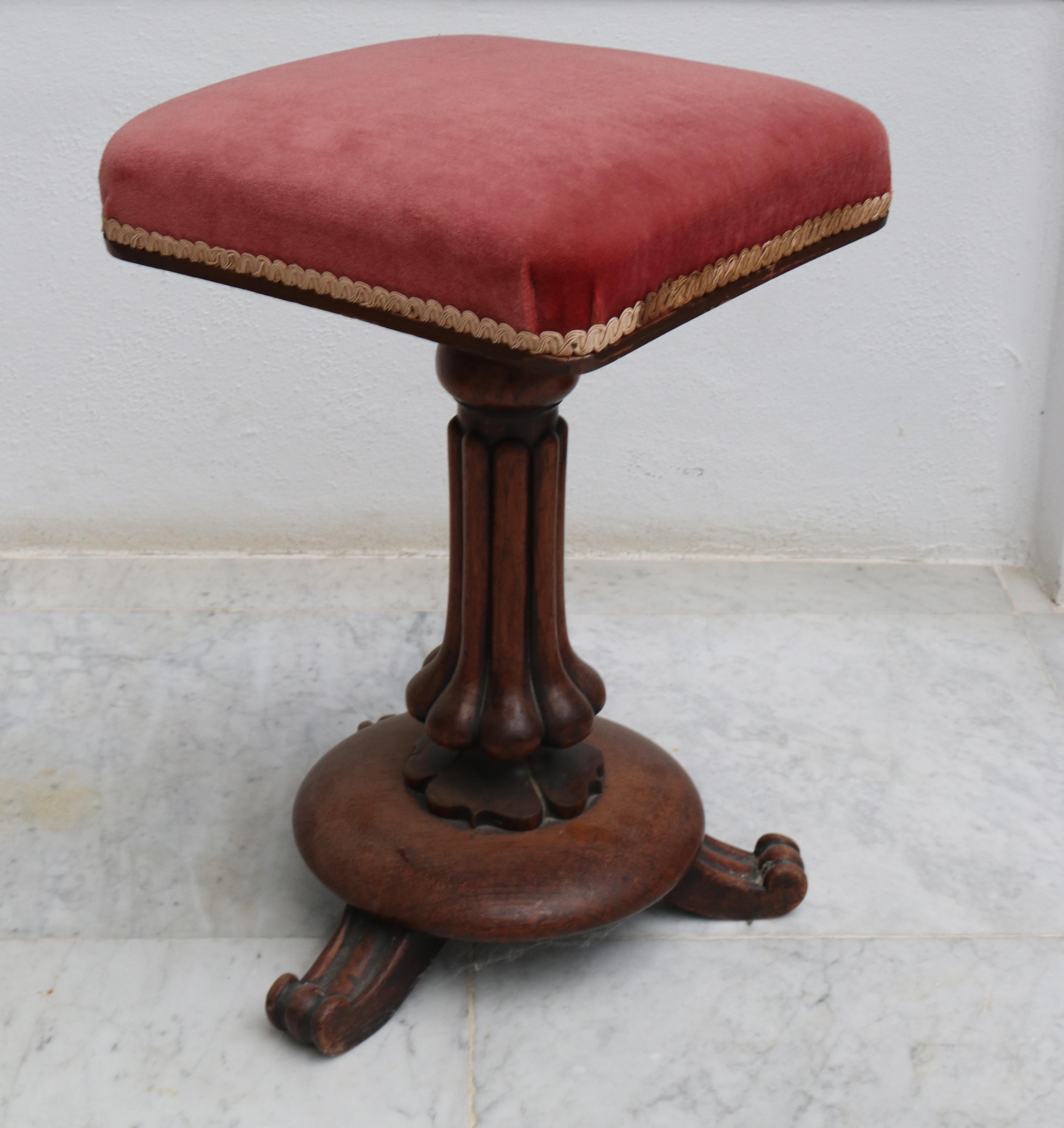 19th century English mahogany claw foot side table with upholstered red velvet top.