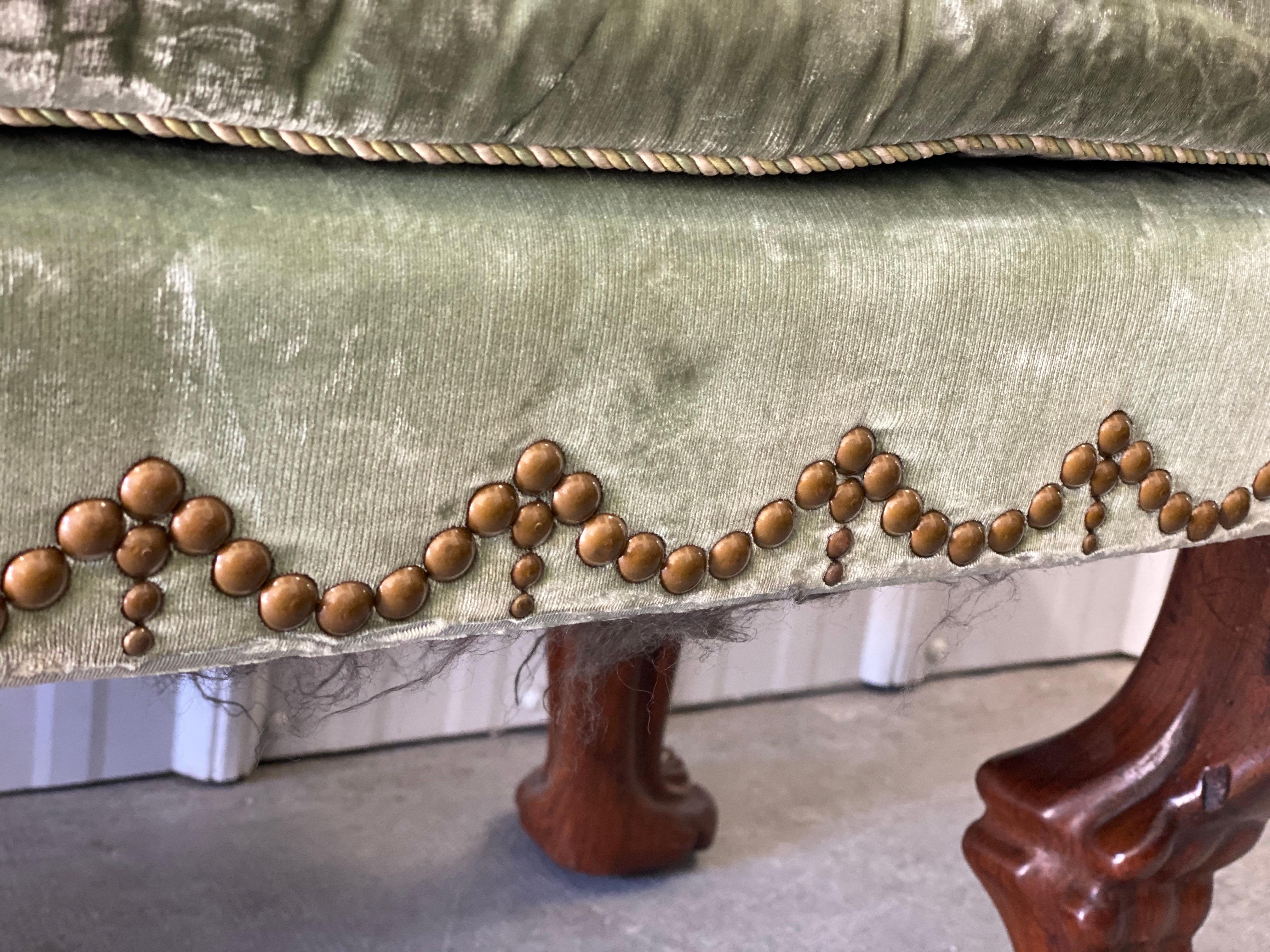 18th Century English Mahogany Clawfoot Stool in Velvet with Nailheads For Sale 8