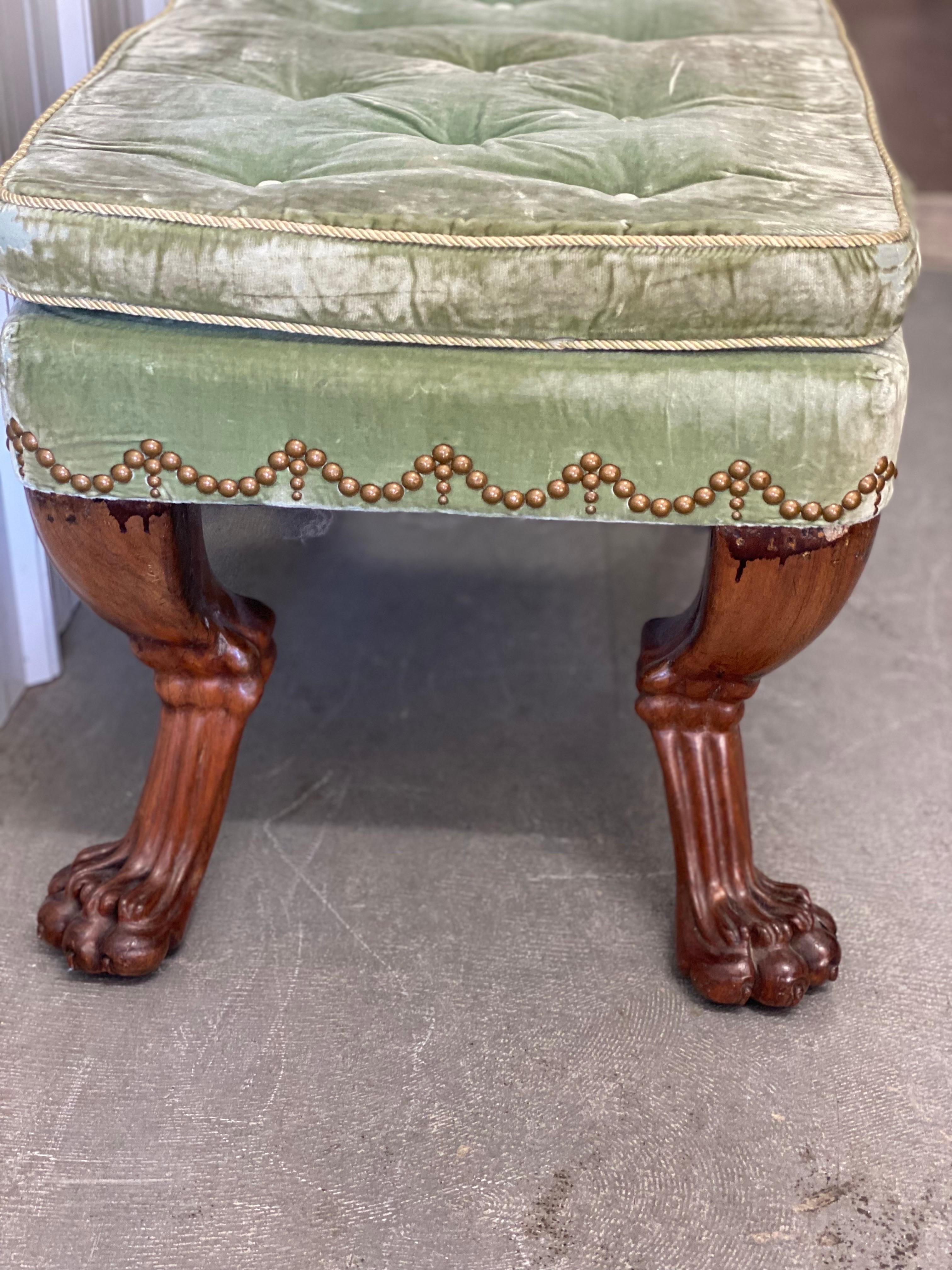 18th Century English Mahogany Clawfoot Stool in Velvet with Nailheads For Sale 10