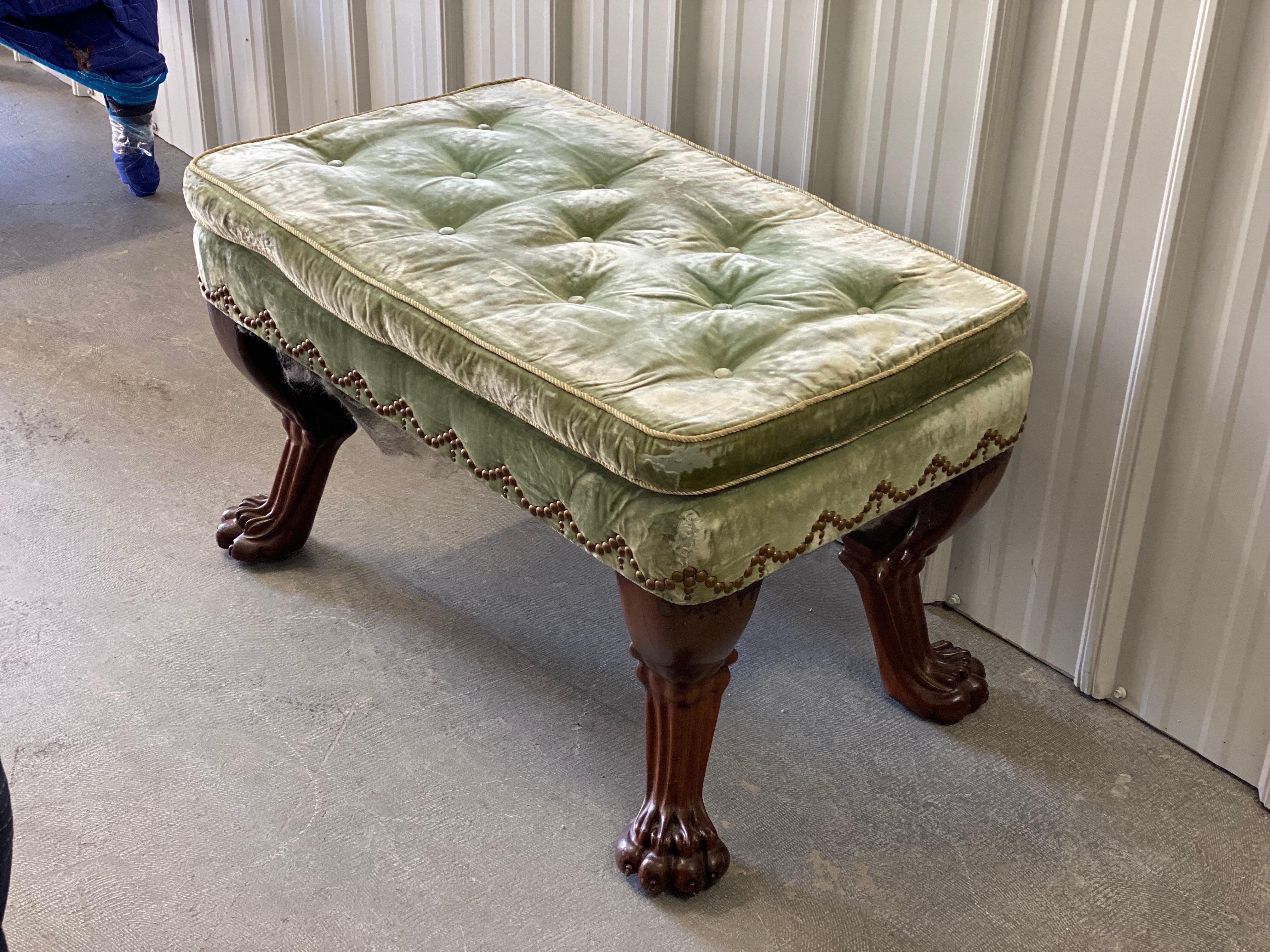 18th Century English Mahogany Clawfoot Stool in Velvet with Nailheads In Good Condition For Sale In Southampton, NY
