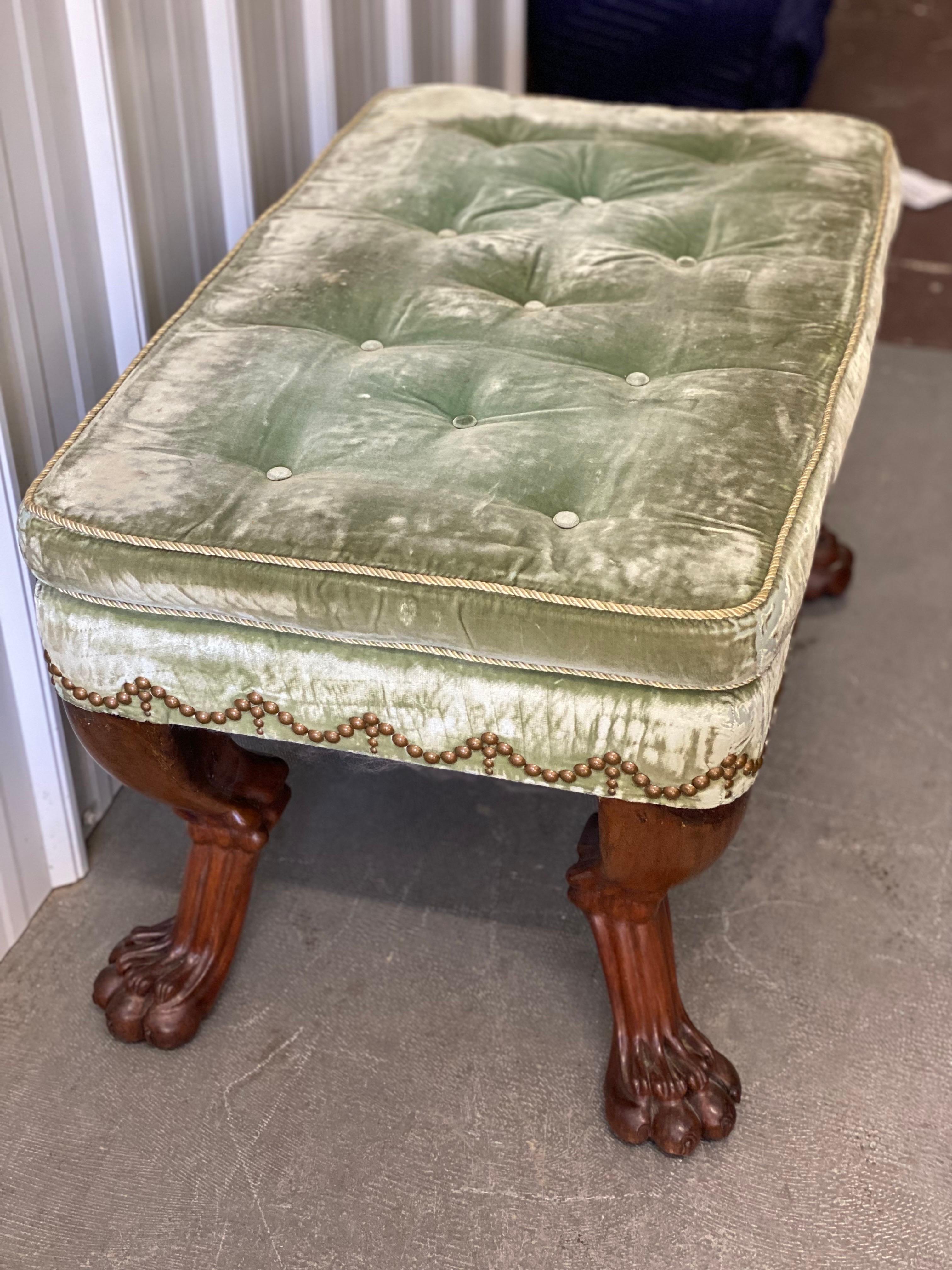 18th Century and Earlier 18th Century English Mahogany Clawfoot Stool in Velvet with Nailheads For Sale