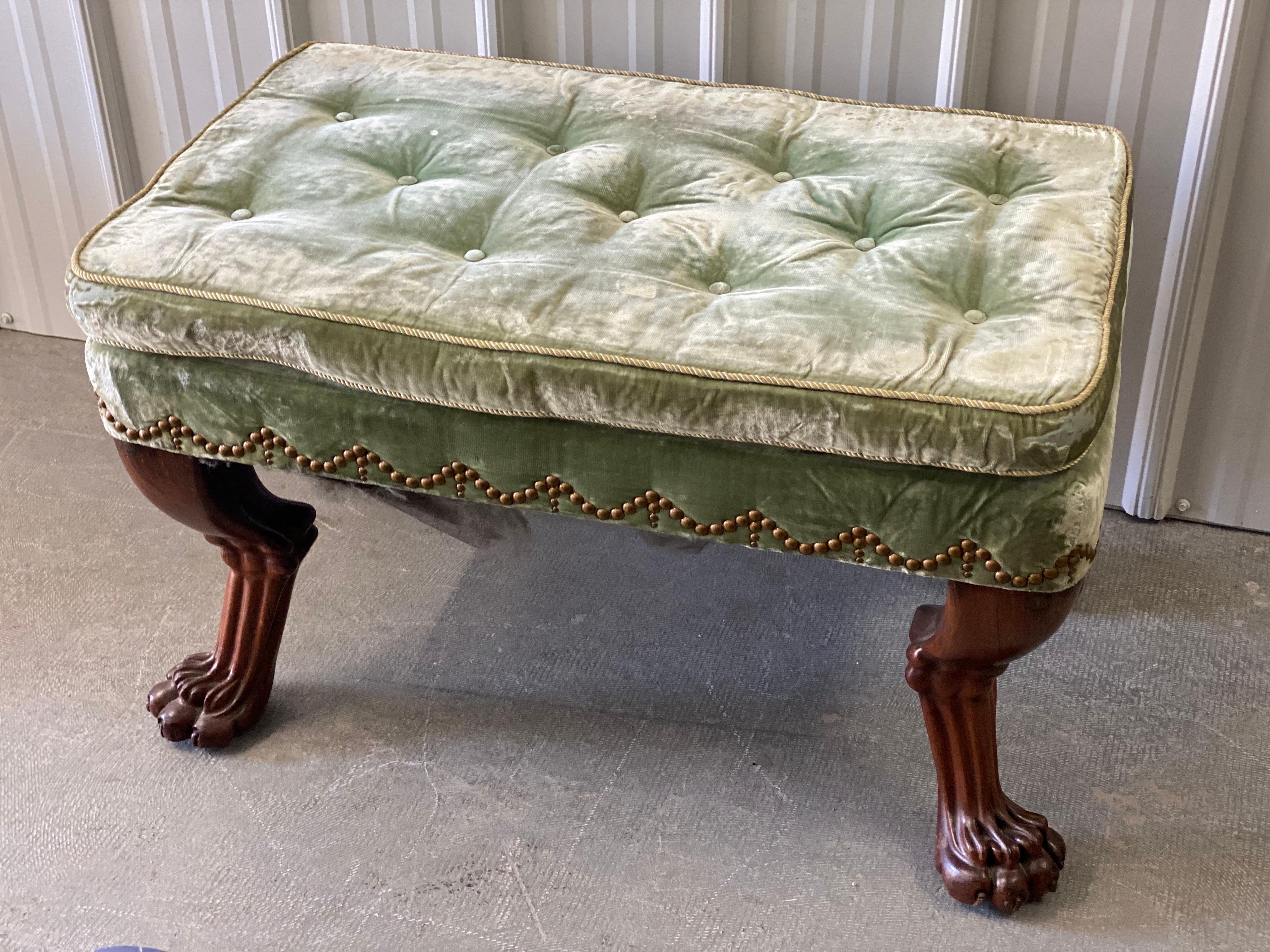 18th Century English Mahogany Clawfoot Stool in Velvet with Nailheads For Sale 1