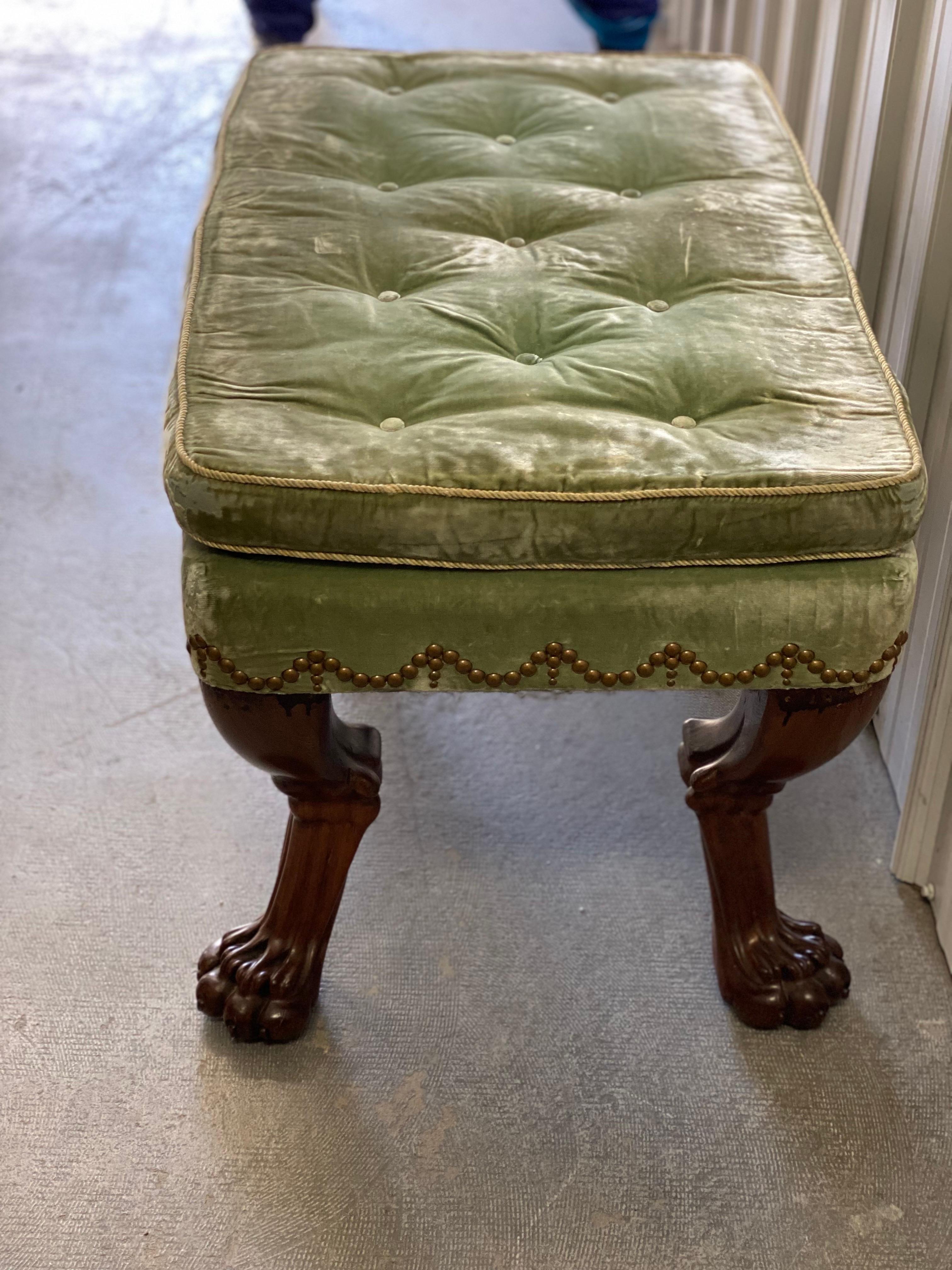 18th Century English Mahogany Clawfoot Stool in Velvet with Nailheads For Sale 2