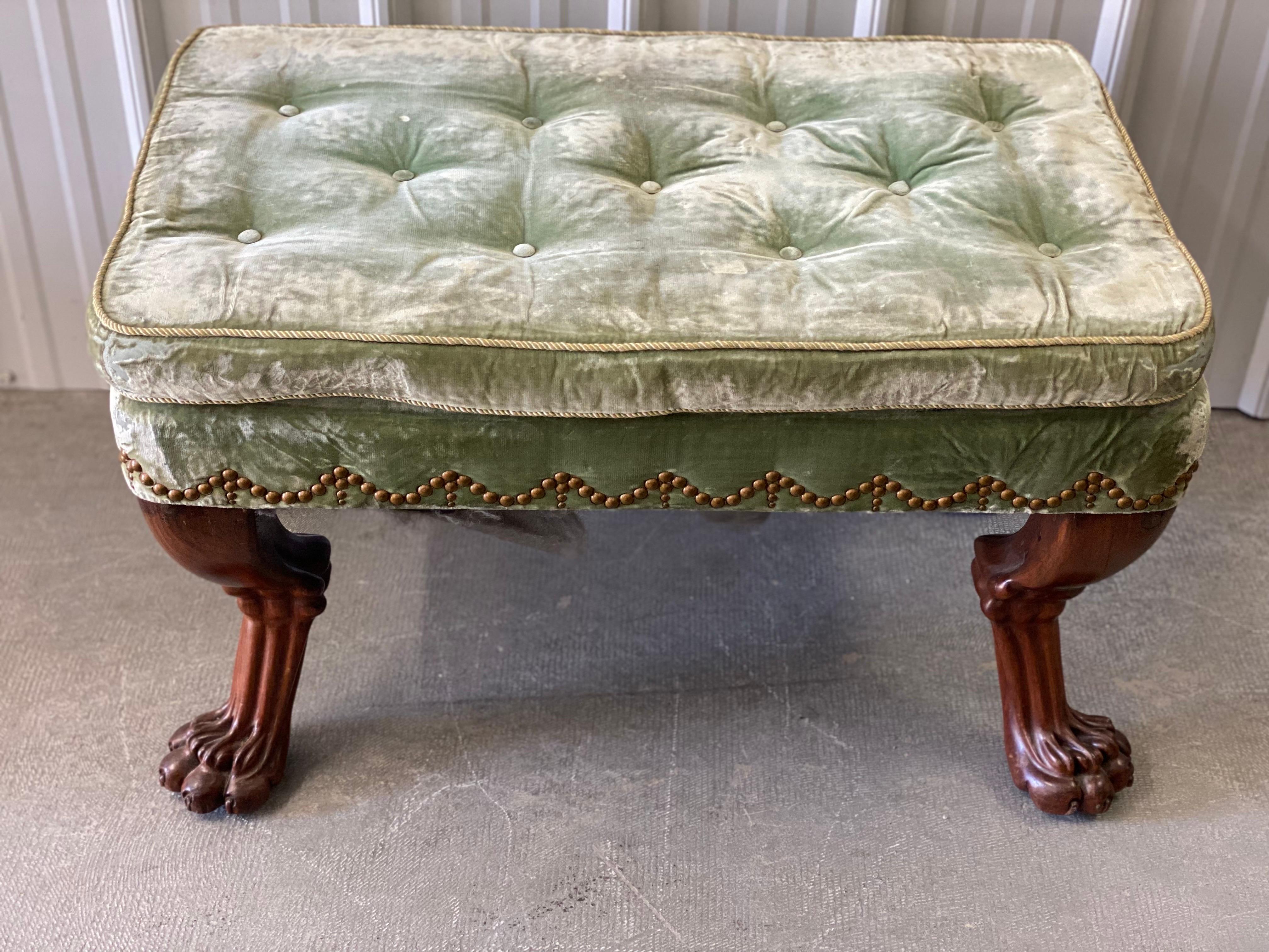 18th Century English Mahogany Clawfoot Stool in Velvet with Nailheads For Sale 3