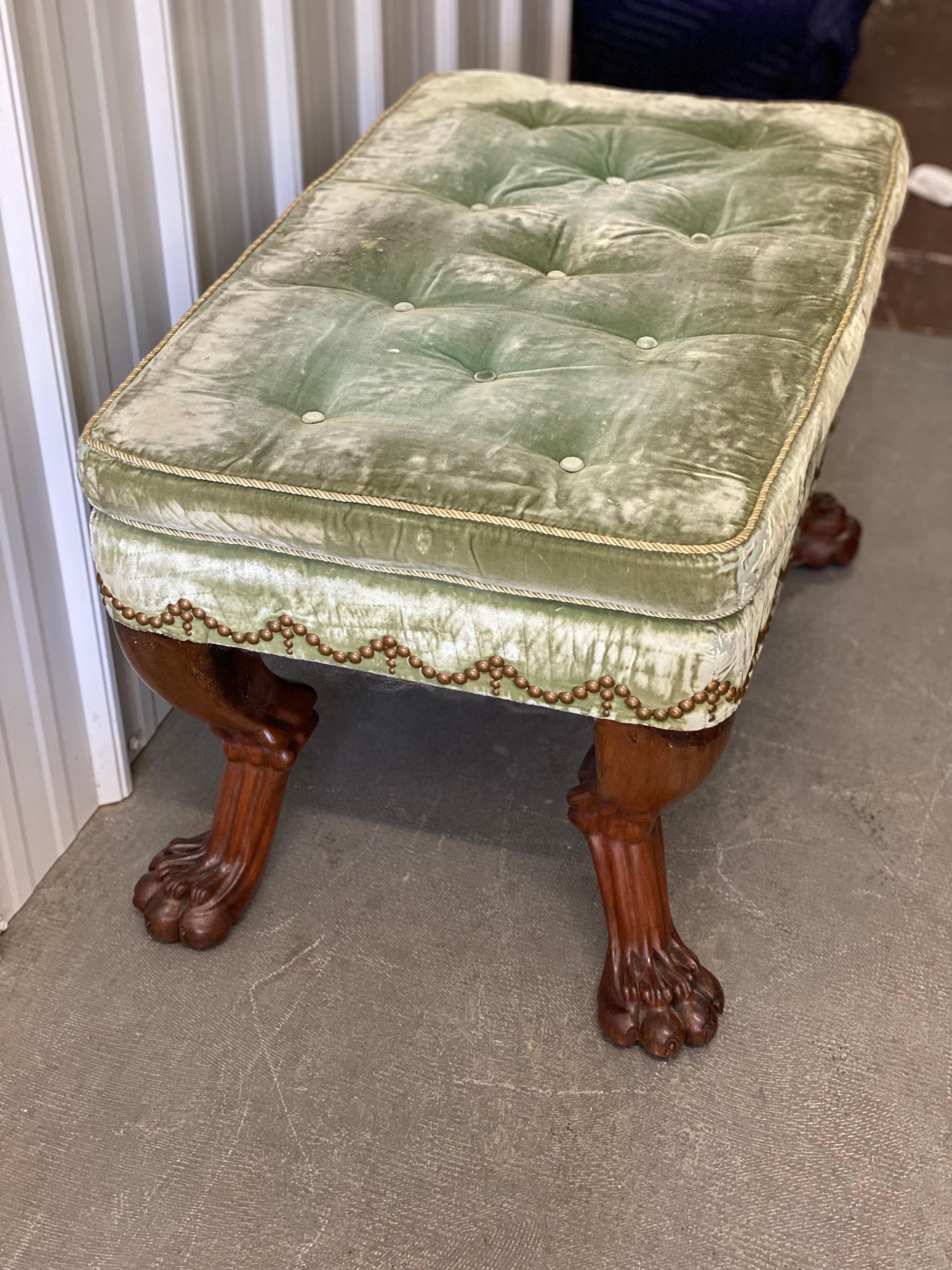 18th Century English Mahogany Clawfoot Stool in Velvet with Nailheads For Sale 4