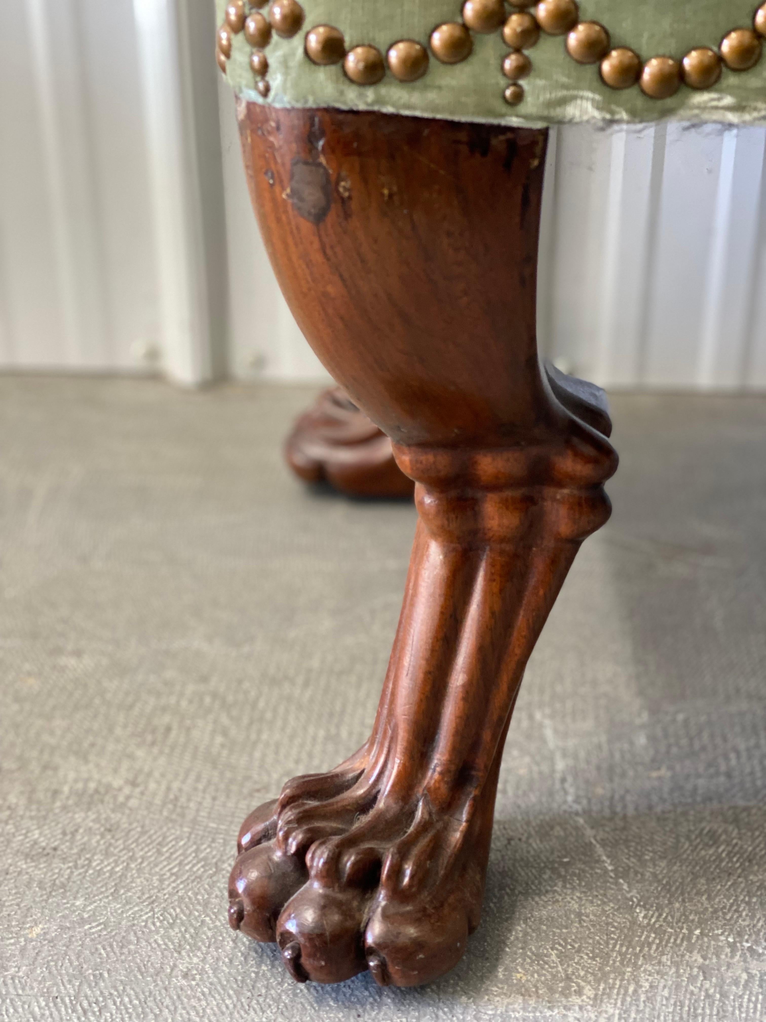 18th Century English Mahogany Clawfoot Stool in Velvet with Nailheads For Sale 5