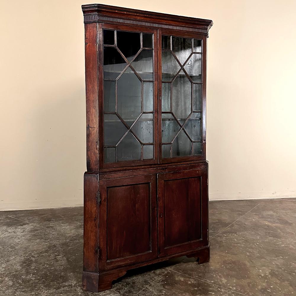 19th Century English Mahogany Corner Bookcase ~ Curio Cabinet will make the perfect choice for utilizing an otherwise empty corner space to one's greatest advantage!  Storage below behind the double door cabinet, and display above with glazed upper