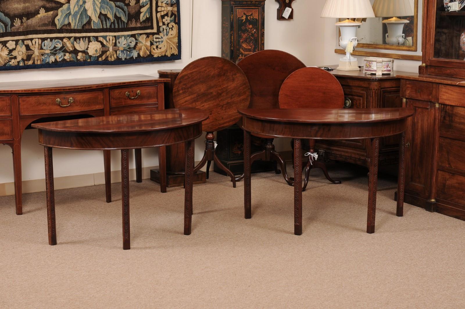 19th Century English Mahogany D Shaped Console Tables with Carved Detail on Legs In Fair Condition For Sale In Atlanta, GA