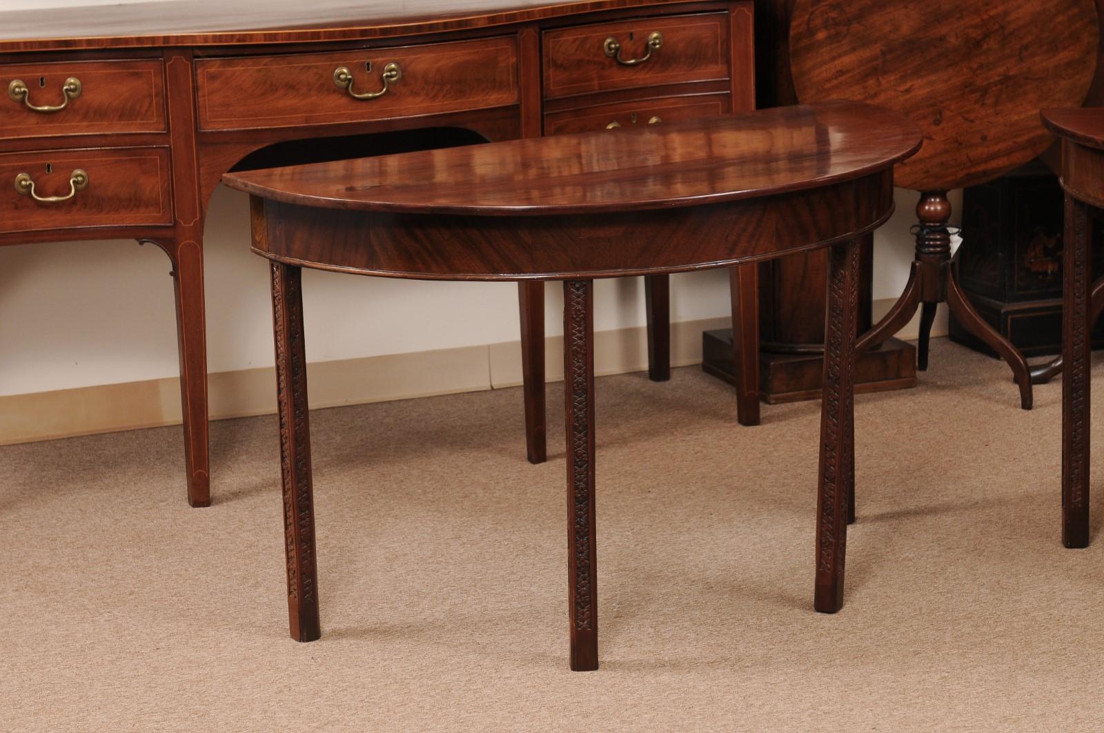 19th Century English Mahogany D Shaped Console Tables with Carved Detail on Legs For Sale 1