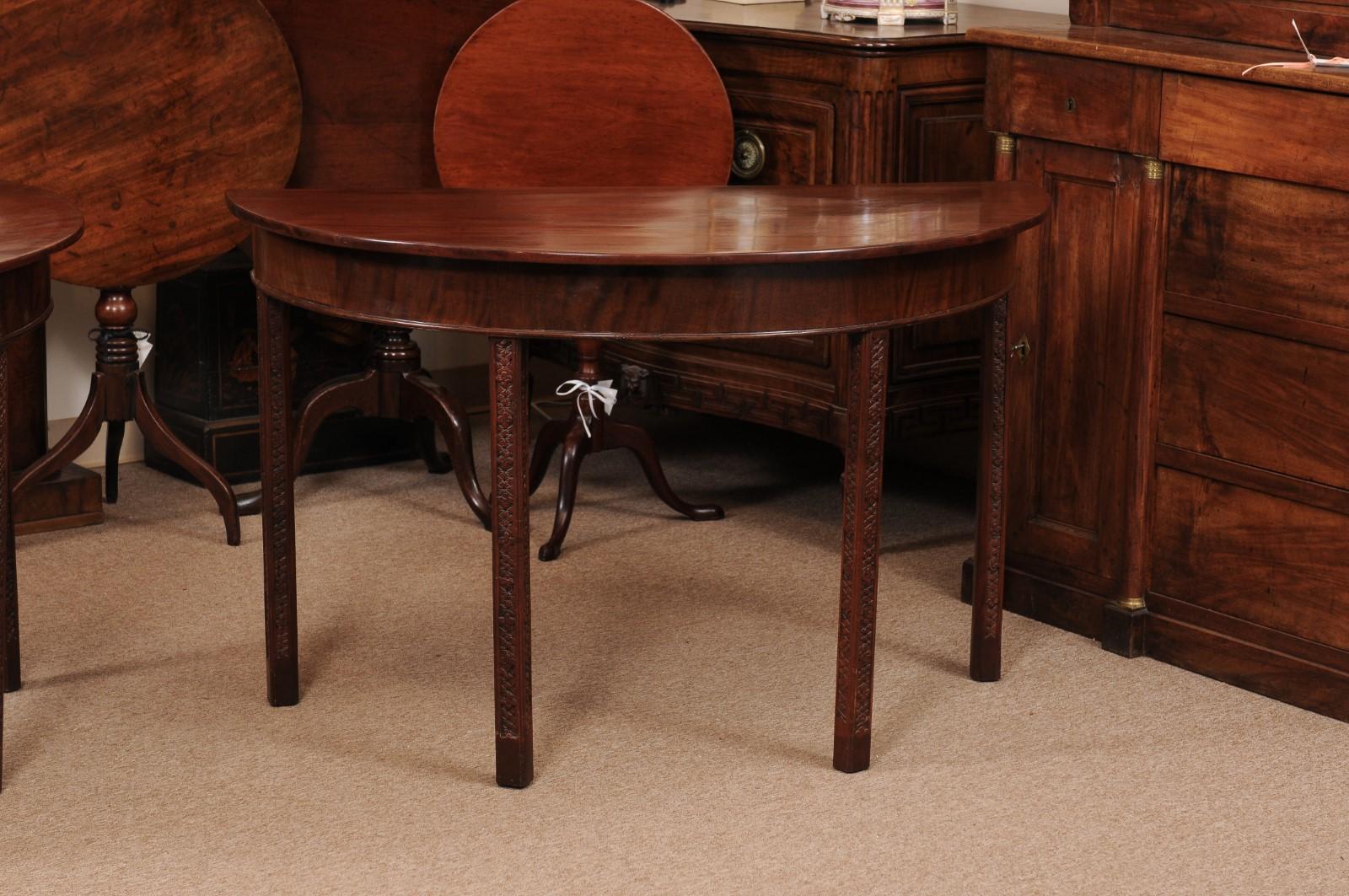 19th Century English Mahogany D Shaped Console Tables with Carved Detail on Legs For Sale 2