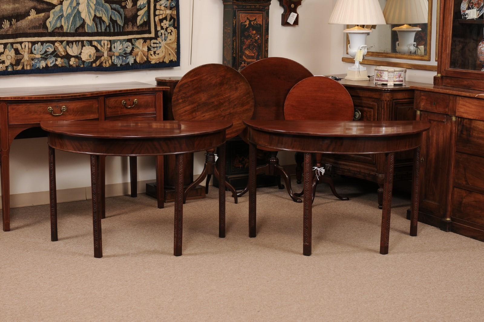 19th Century English Mahogany D Shaped Console Tables with Carved Detail on Legs For Sale 3