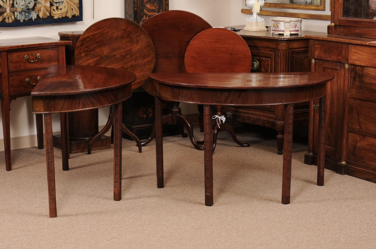 19th Century English Mahogany D Shaped Console Tables with Carved Detail on Legs For Sale 4