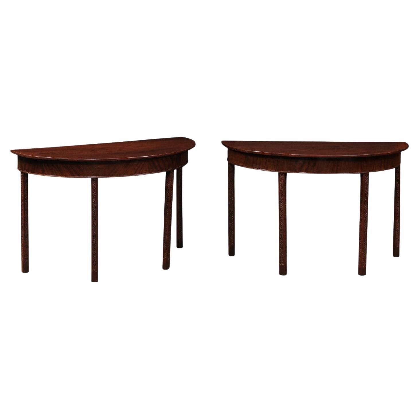 19th Century English Mahogany D Shaped Console Tables with Carved Detail on Legs
