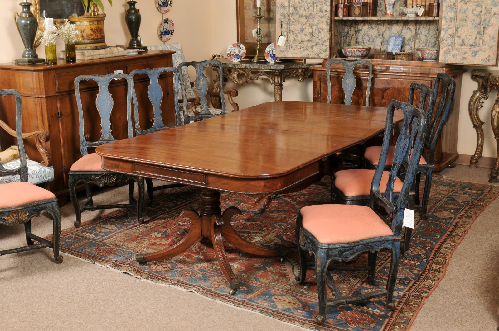 19th Century English Mahogany Double Pedestal Dining Table with 2 Leaves & Brass Paw Feet