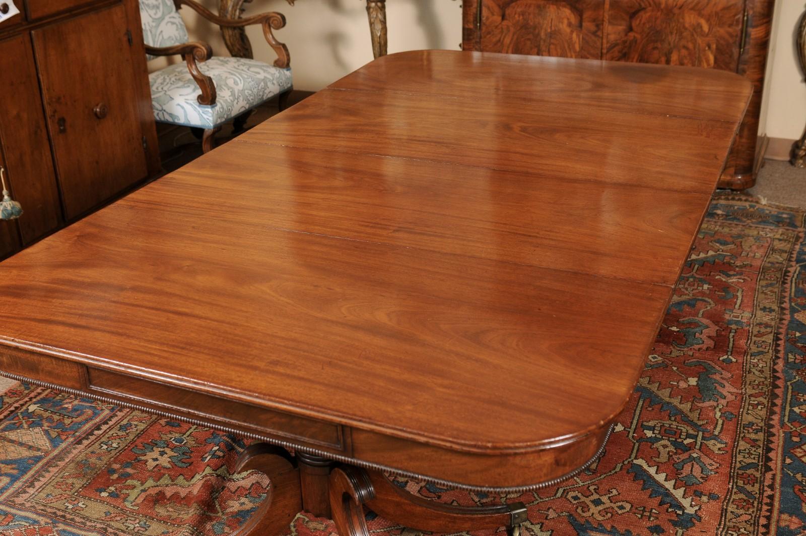 19th Century English Mahogany Double Pedestal Dining Table with 2 Leaves & Brass For Sale 2