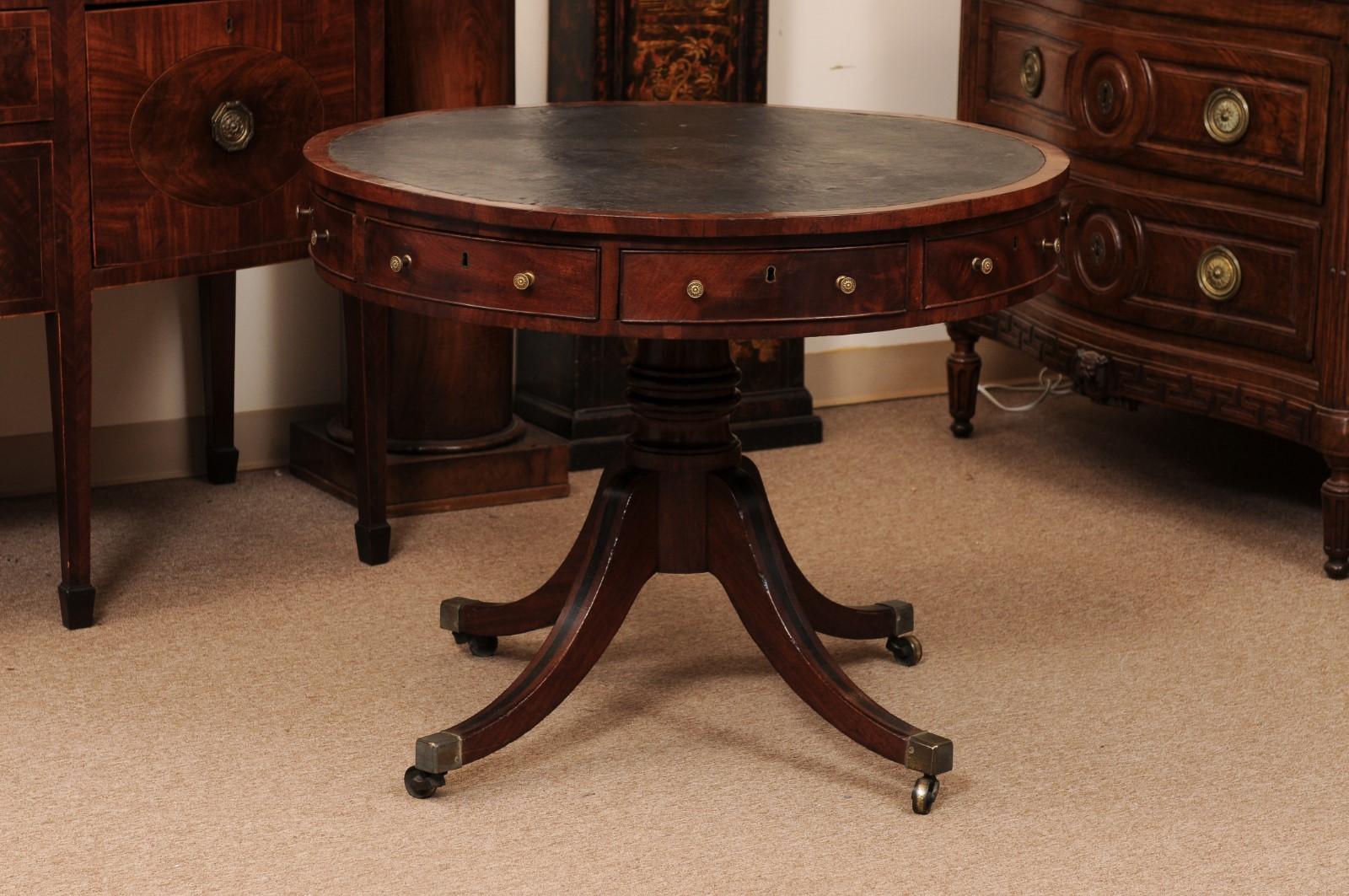 19th Century English Mahogany Drum Table with Black Leather Top For Sale 8