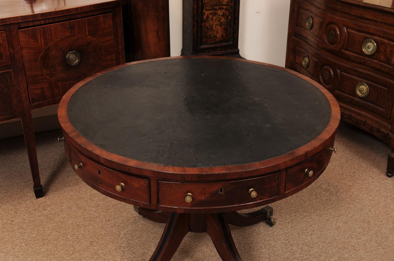 19th Century English Mahogany Drum Table with Black Leather Top For Sale 10