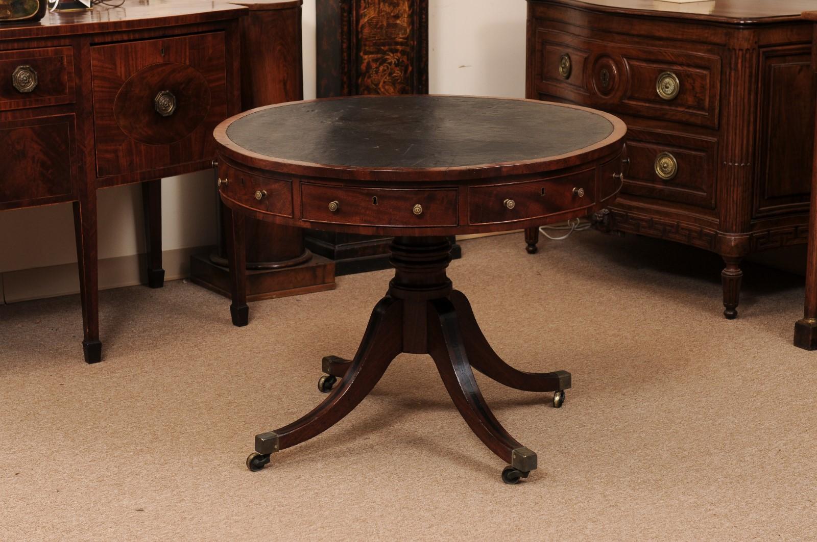 19th Century English Mahogany Drum Table with Black Leather Top In Fair Condition For Sale In Atlanta, GA