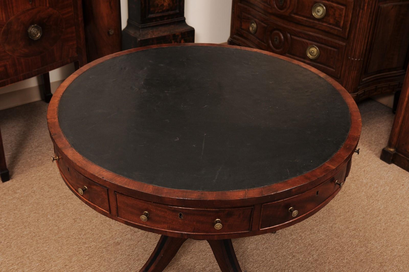 19th Century English Mahogany Drum Table with Black Leather Top For Sale 2