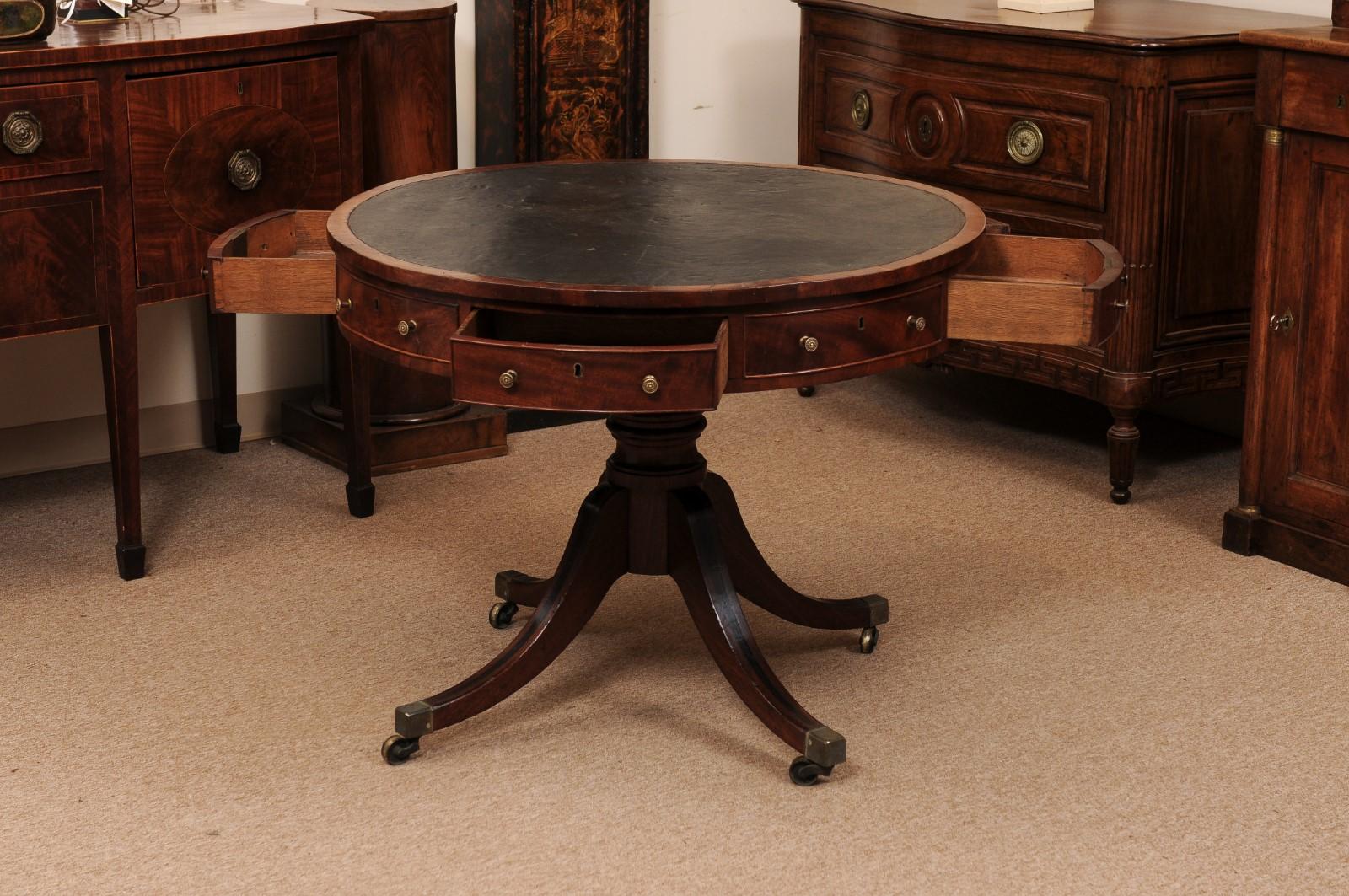19th Century English Mahogany Drum Table with Black Leather Top For Sale 3