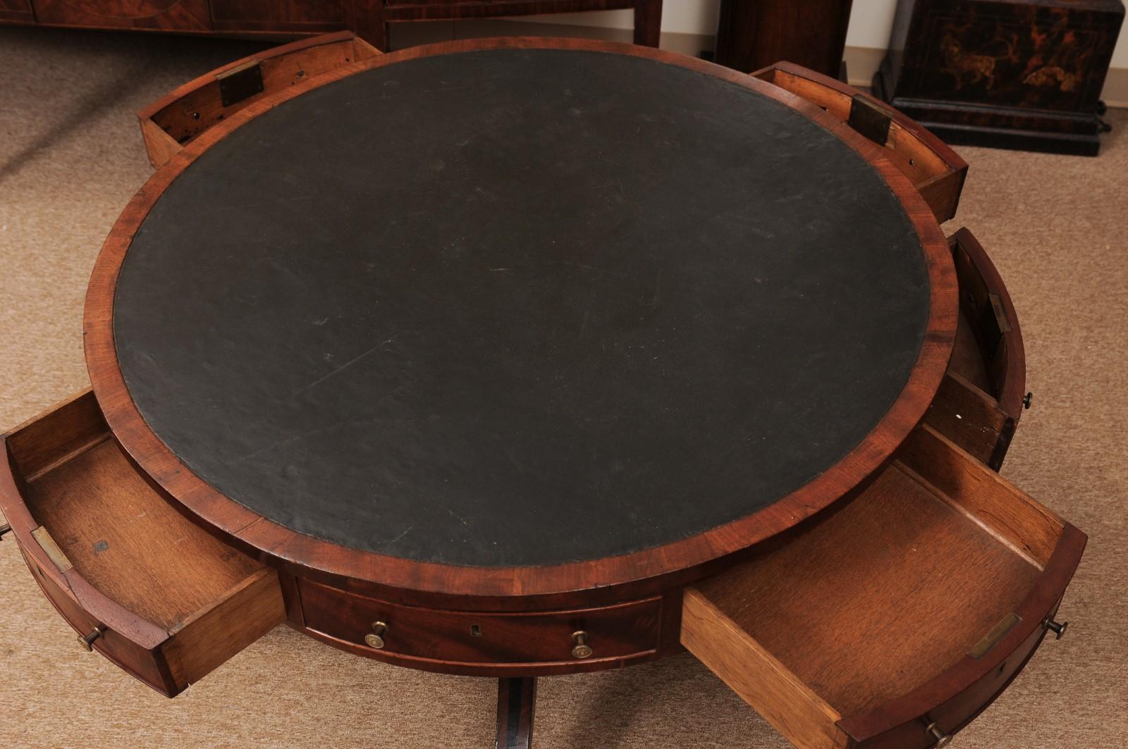 19th Century English Mahogany Drum Table with Black Leather Top For Sale 4