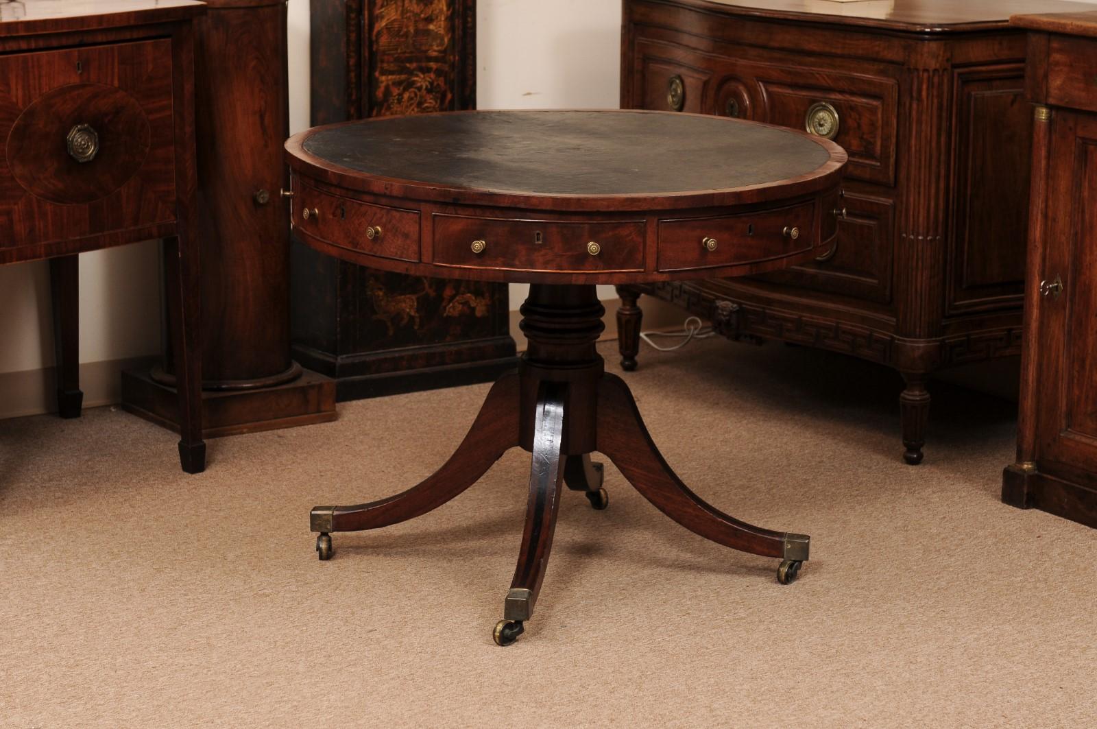 19th Century English Mahogany Drum Table with Black Leather Top For Sale 5