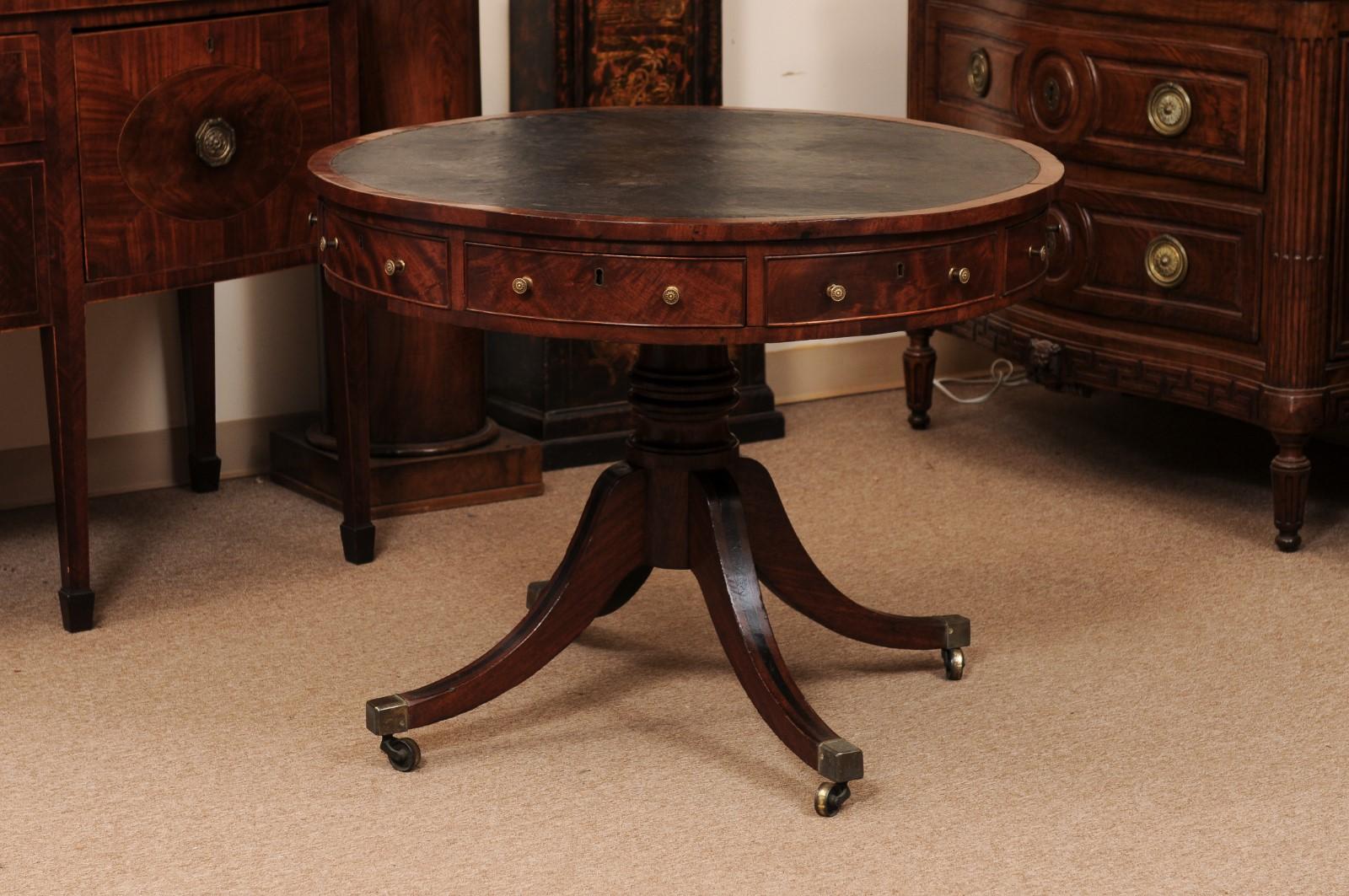 19th Century English Mahogany Drum Table with Black Leather Top For Sale 6