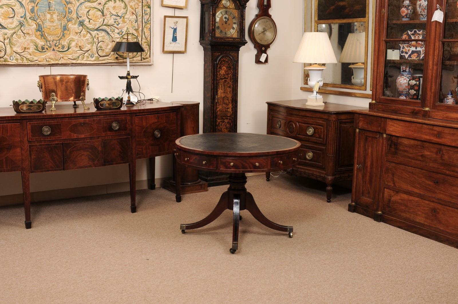 19th Century English Mahogany Drum Table with Black Leather Top For Sale 7
