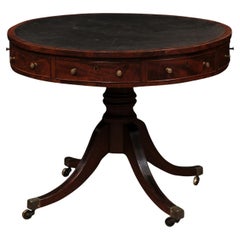 Table à tambour en acajou anglais du 19e siècle avec plateau en cuir noir