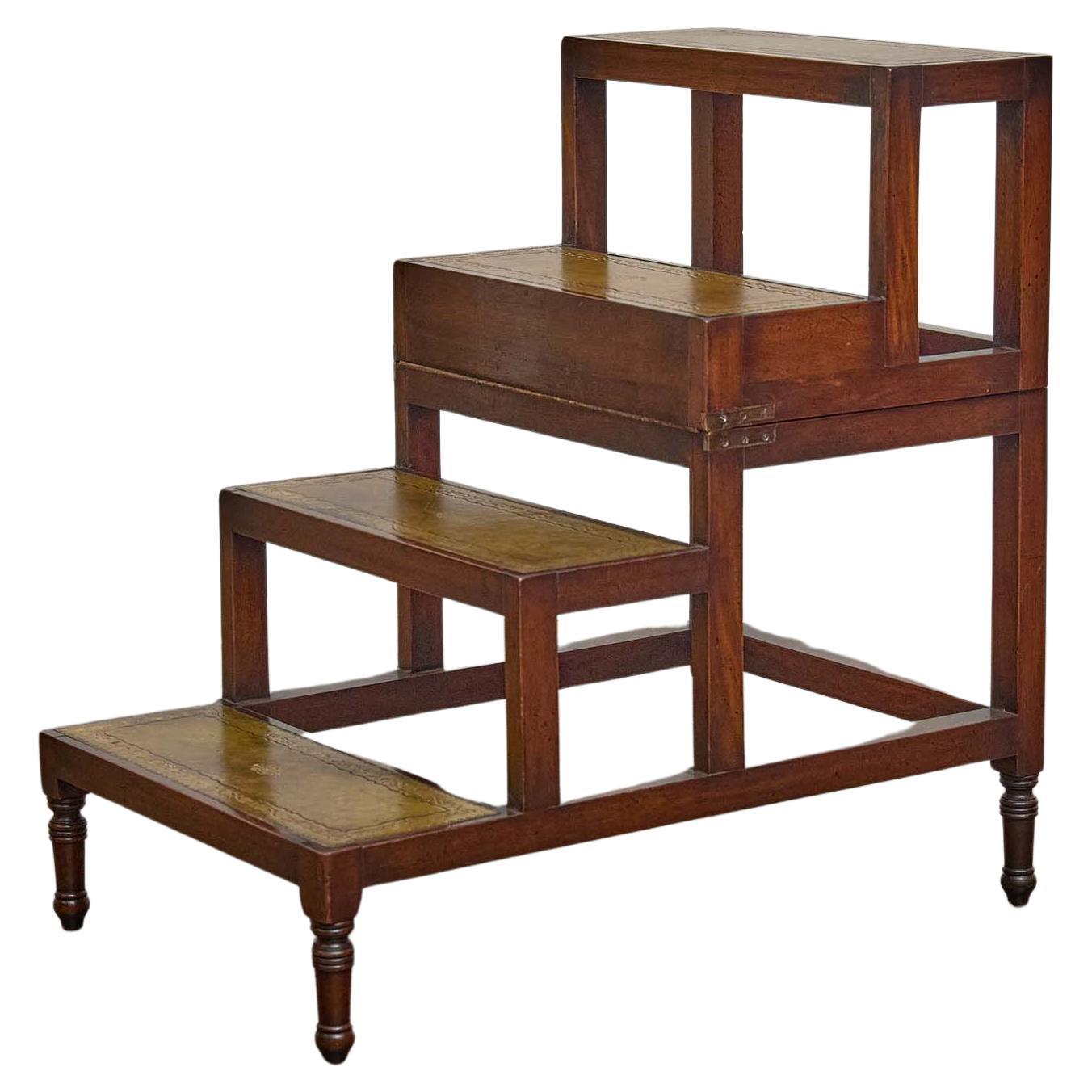 19th Century English Mahogany Folding Library Steps with Tooled Leather Insets