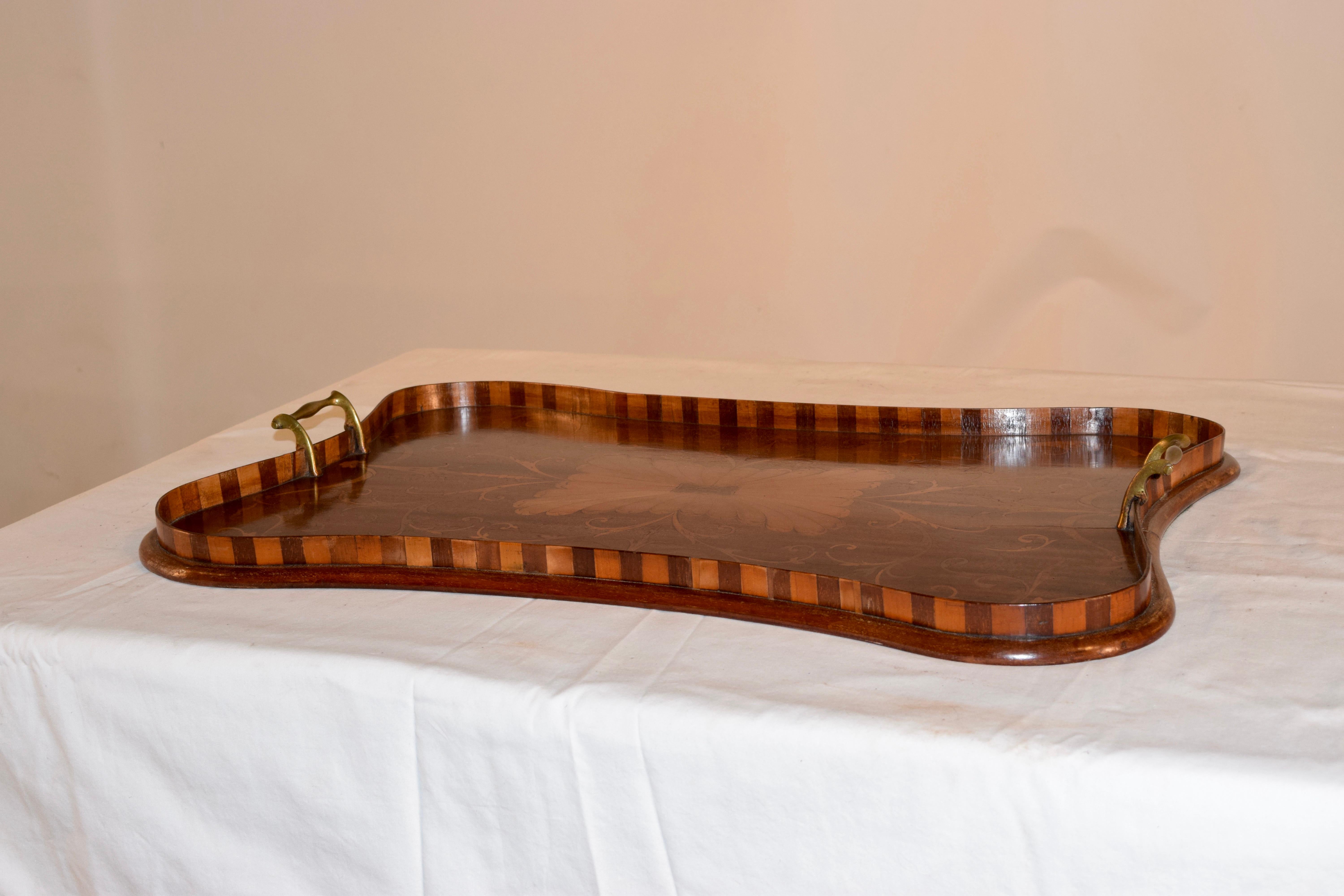 19th Century English Mahogany Inlaid Serving Tray In Good Condition In High Point, NC
