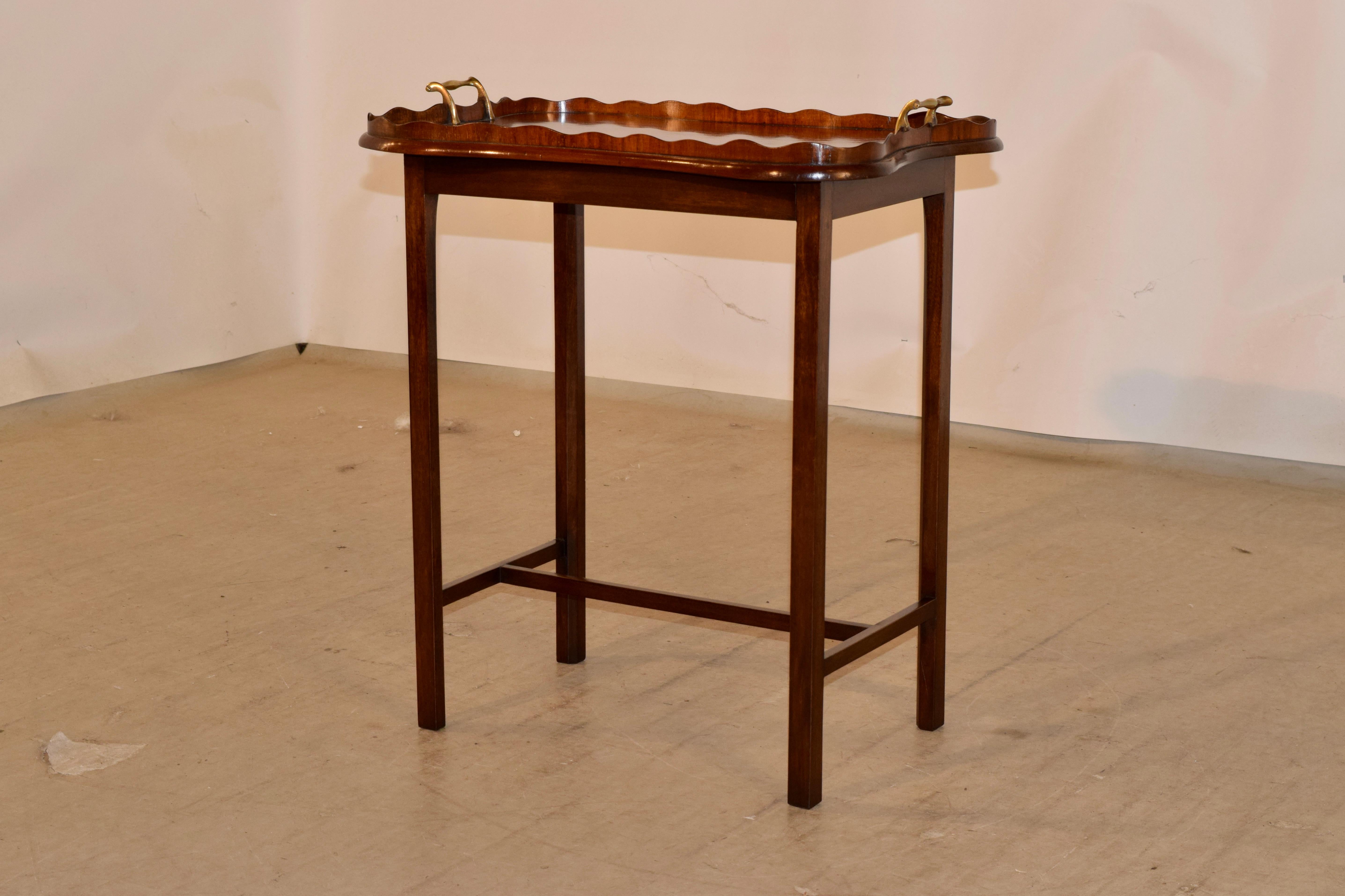 Brass 19th Century English Mahogany Inlaid Serving Tray on Stand For Sale