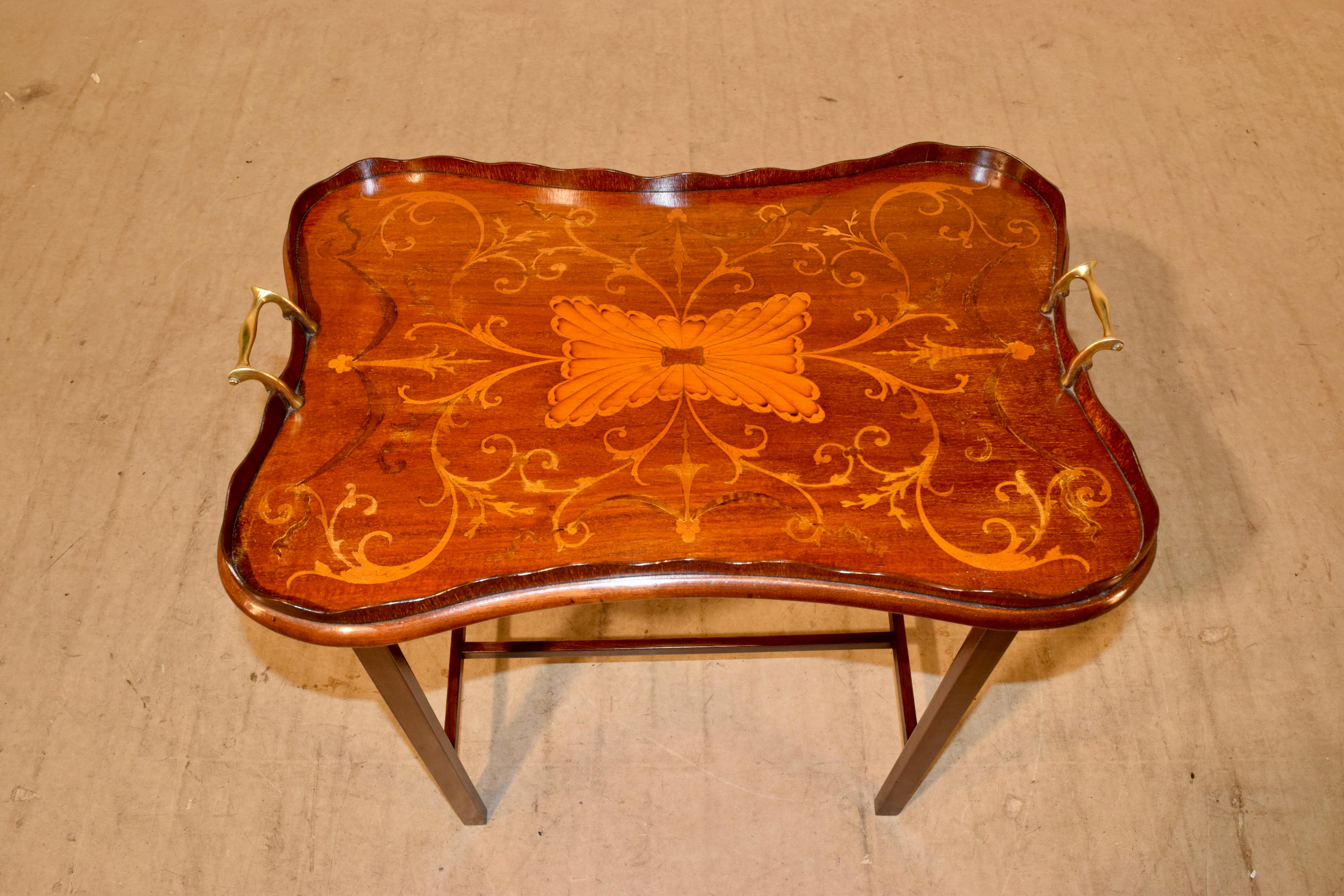 19th Century English Mahogany Inlaid Serving Tray on Stand For Sale 1