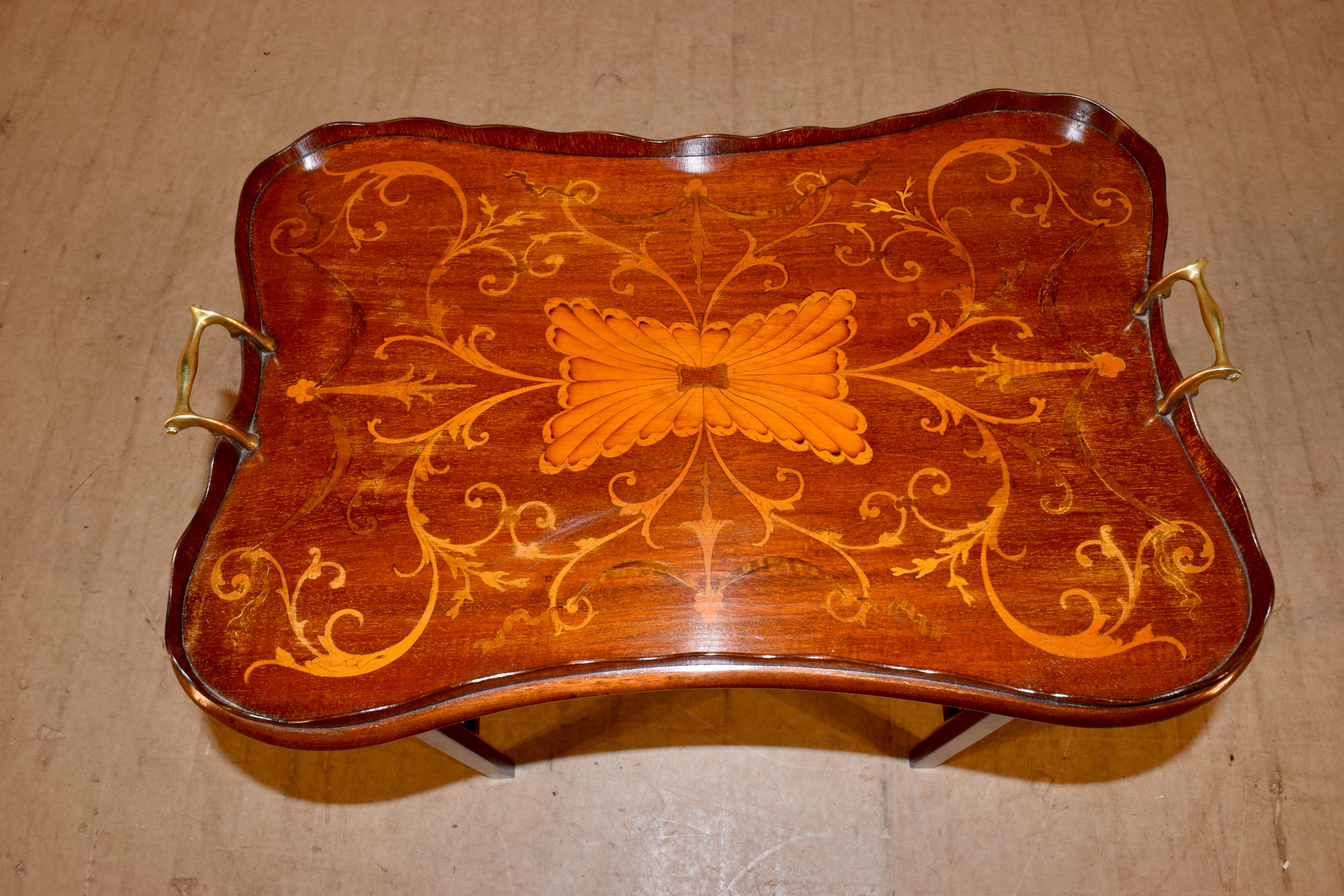19th Century English Mahogany Inlaid Serving Tray on Stand For Sale 3
