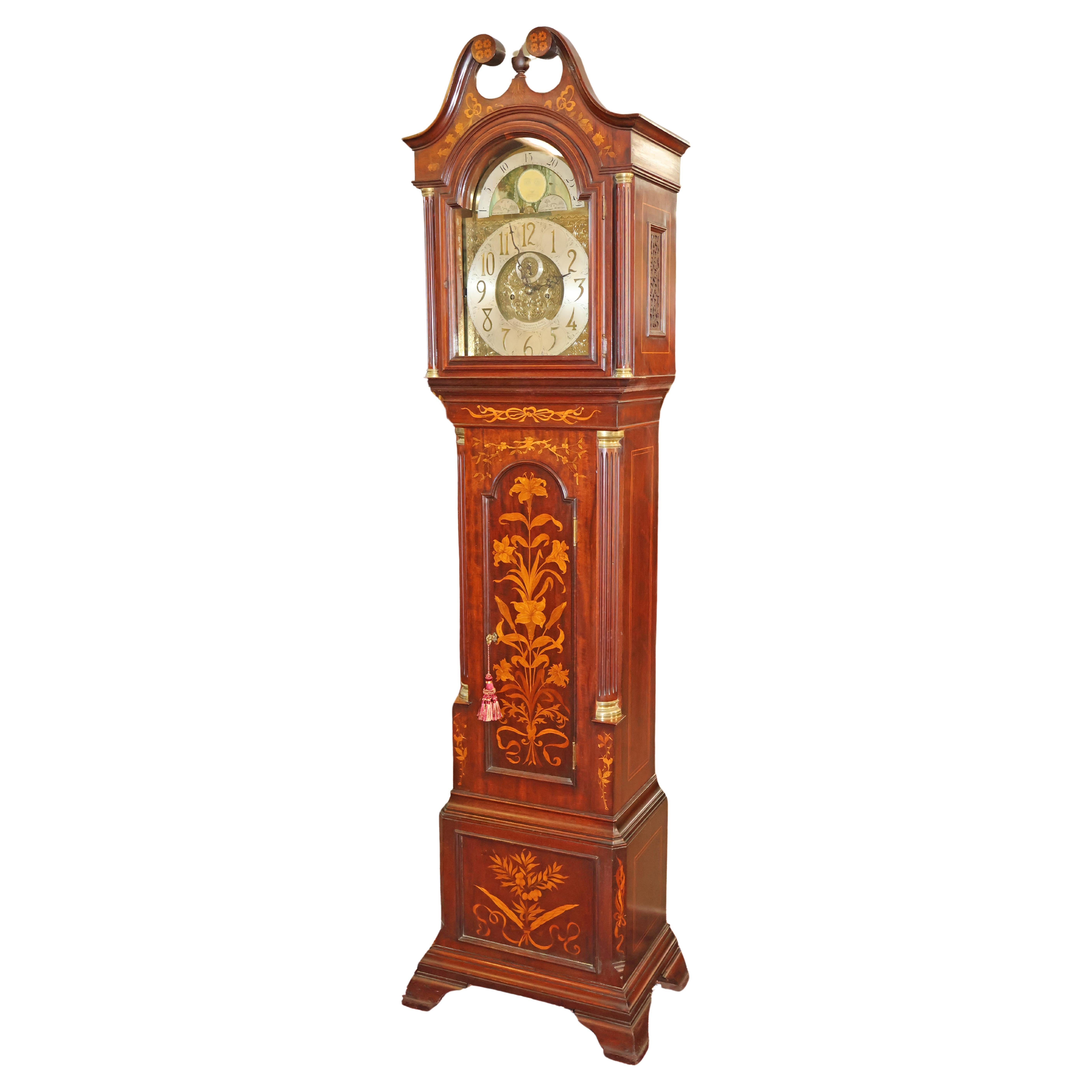 19th Century English Mahogany Inlaid Tall Case Grandfather Clock J.C Jennens