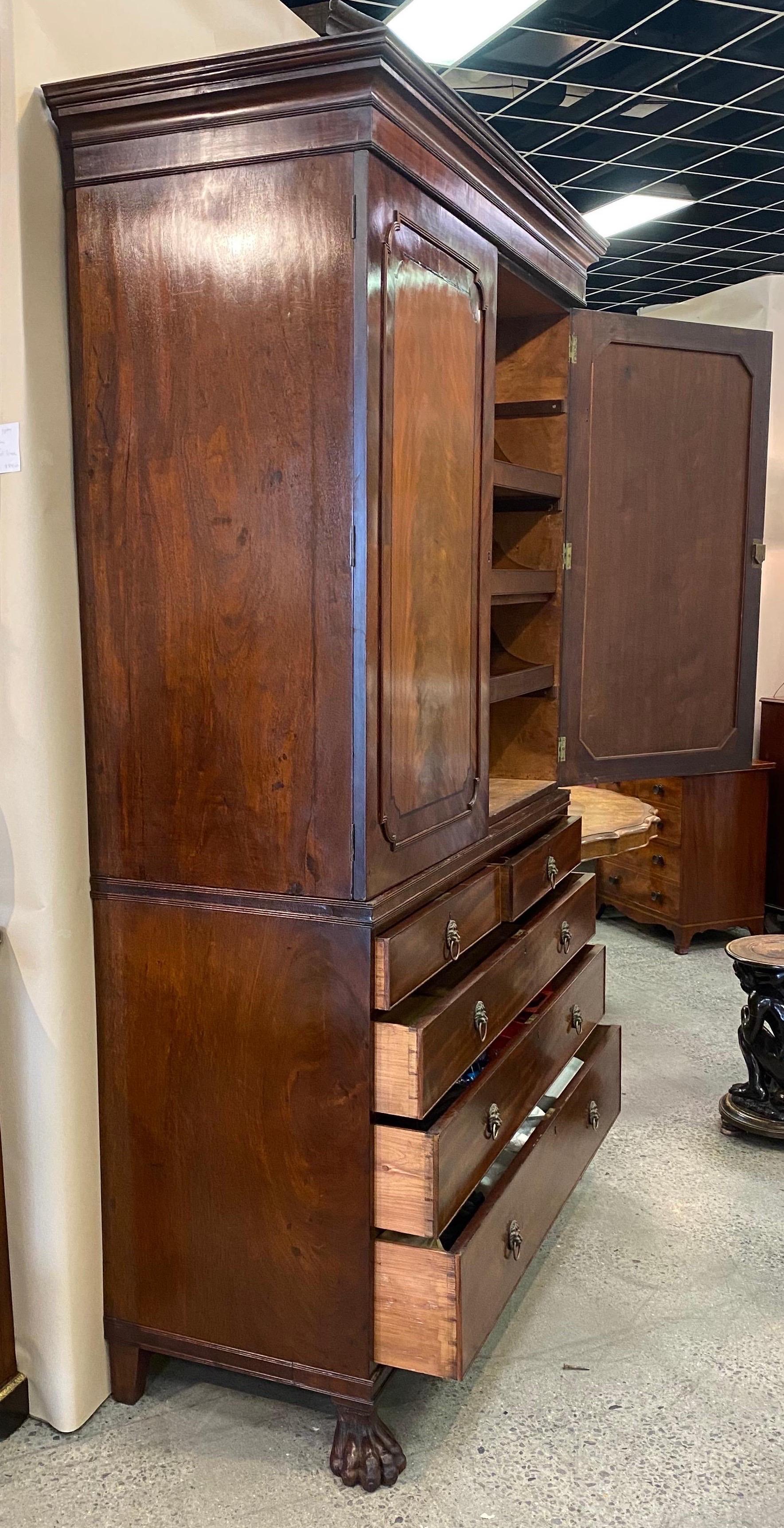 19th Century English Mahogany Linen Press with Paw Feet In Good Condition In Charleston, SC