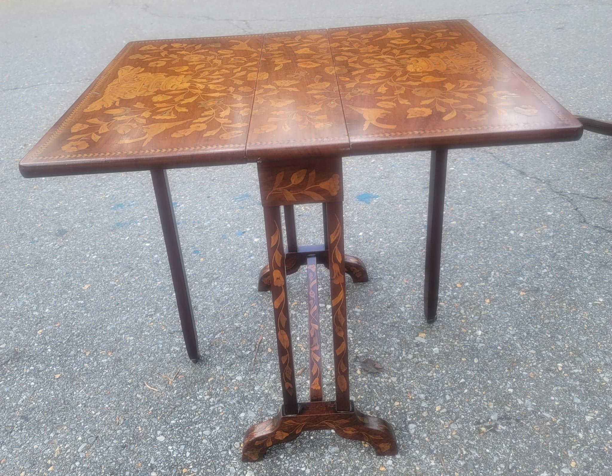 19th Century English Mahogany Marquetry Drop Leaf Side Table In Good Condition In Germantown, MD