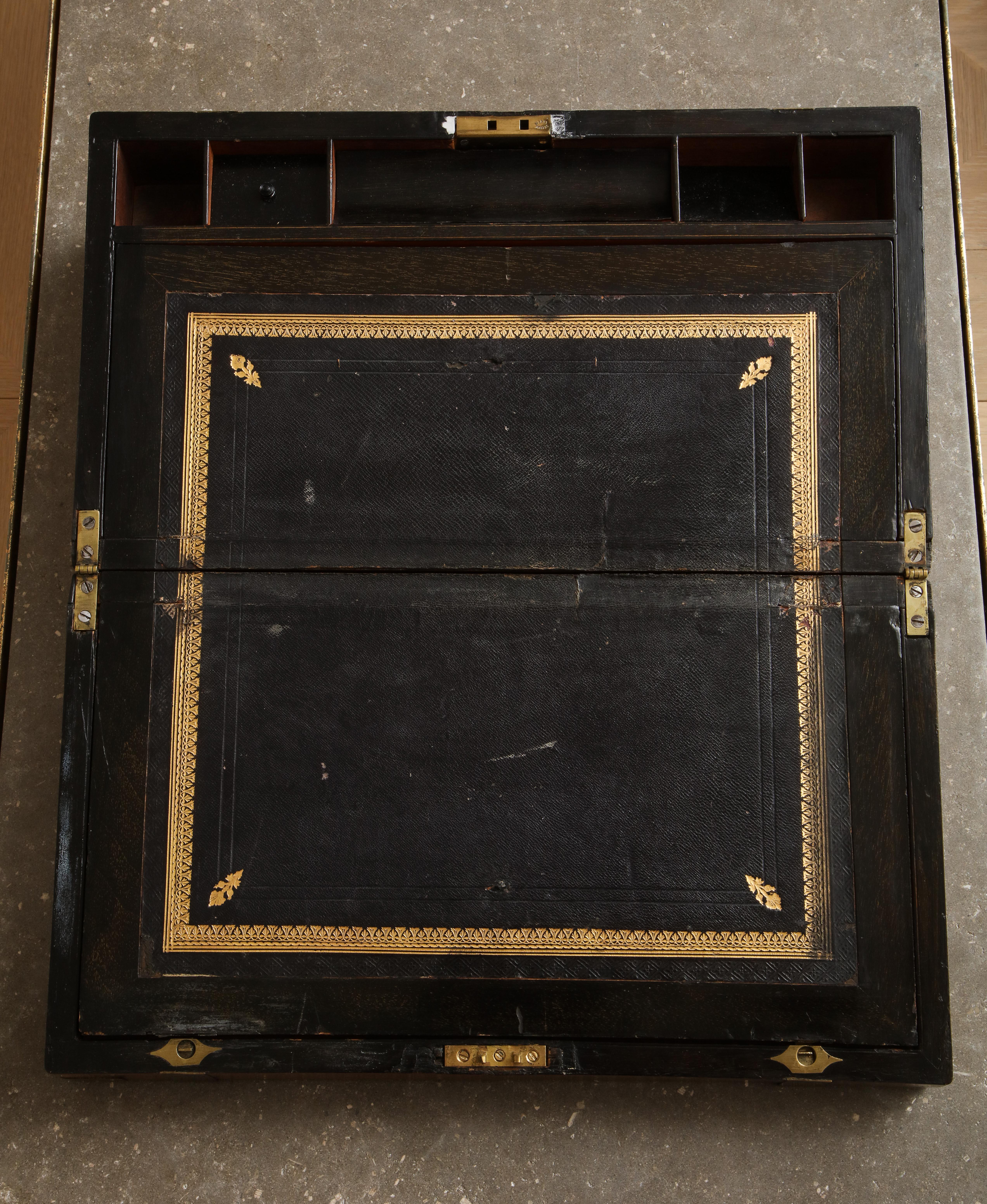 19th Century English Mahogany Campaign Writing Box In Fair Condition In Chicago, IL