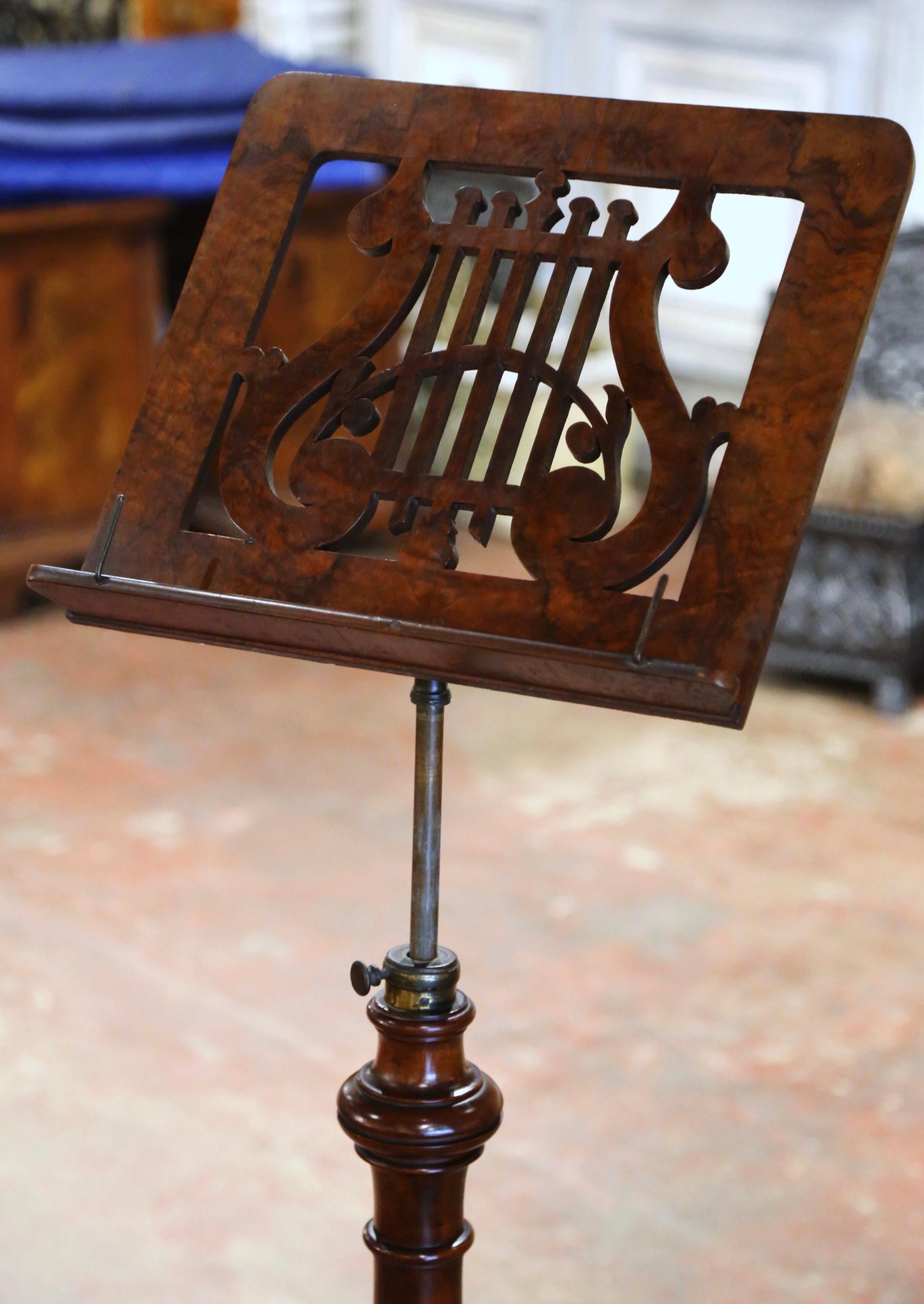 Hand-Carved 19th-Century English Mahogany Music Stand on Wheels with Pierced Lyre Motif