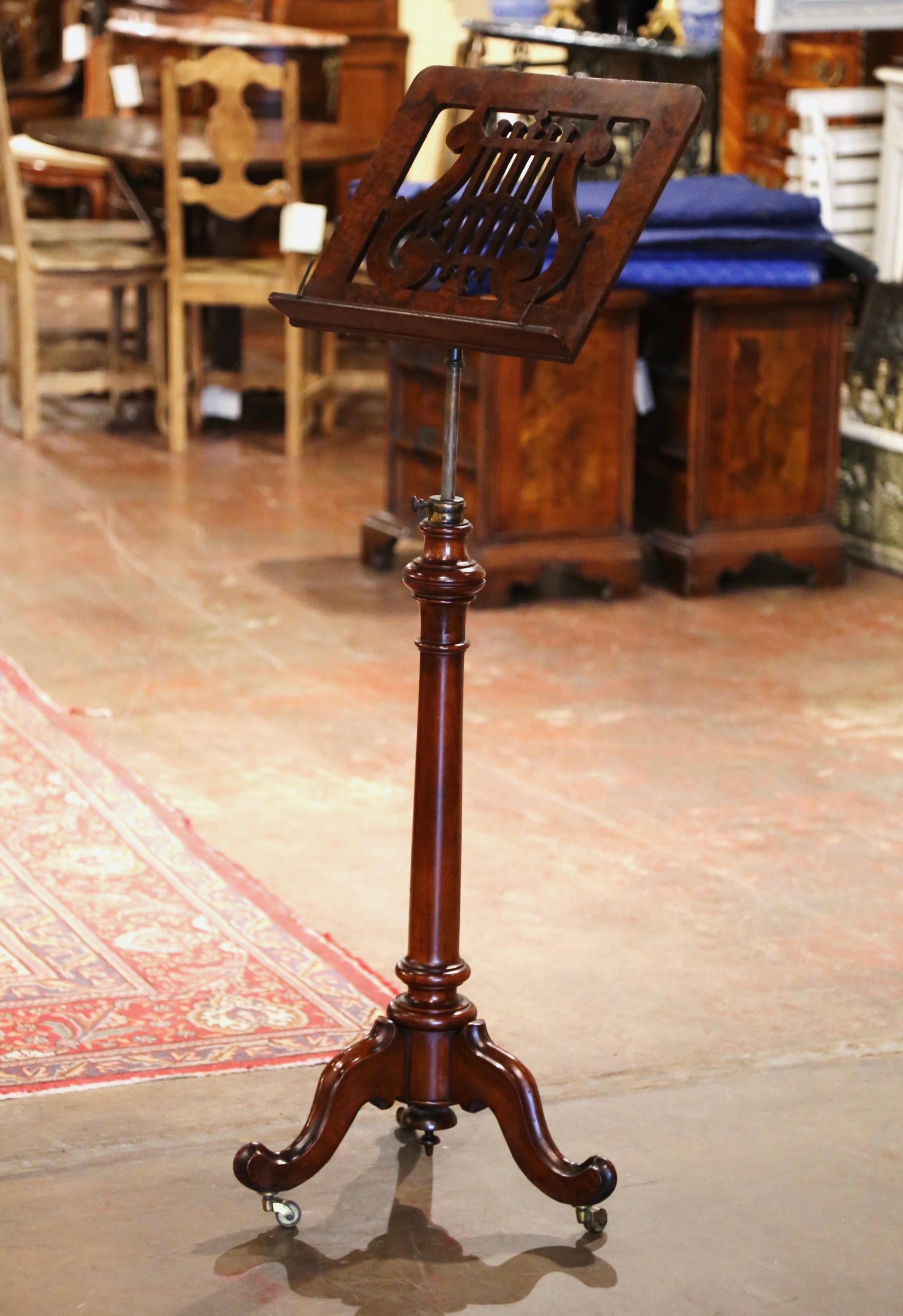 19th Century 19th-Century English Mahogany Music Stand on Wheels with Pierced Lyre Motif